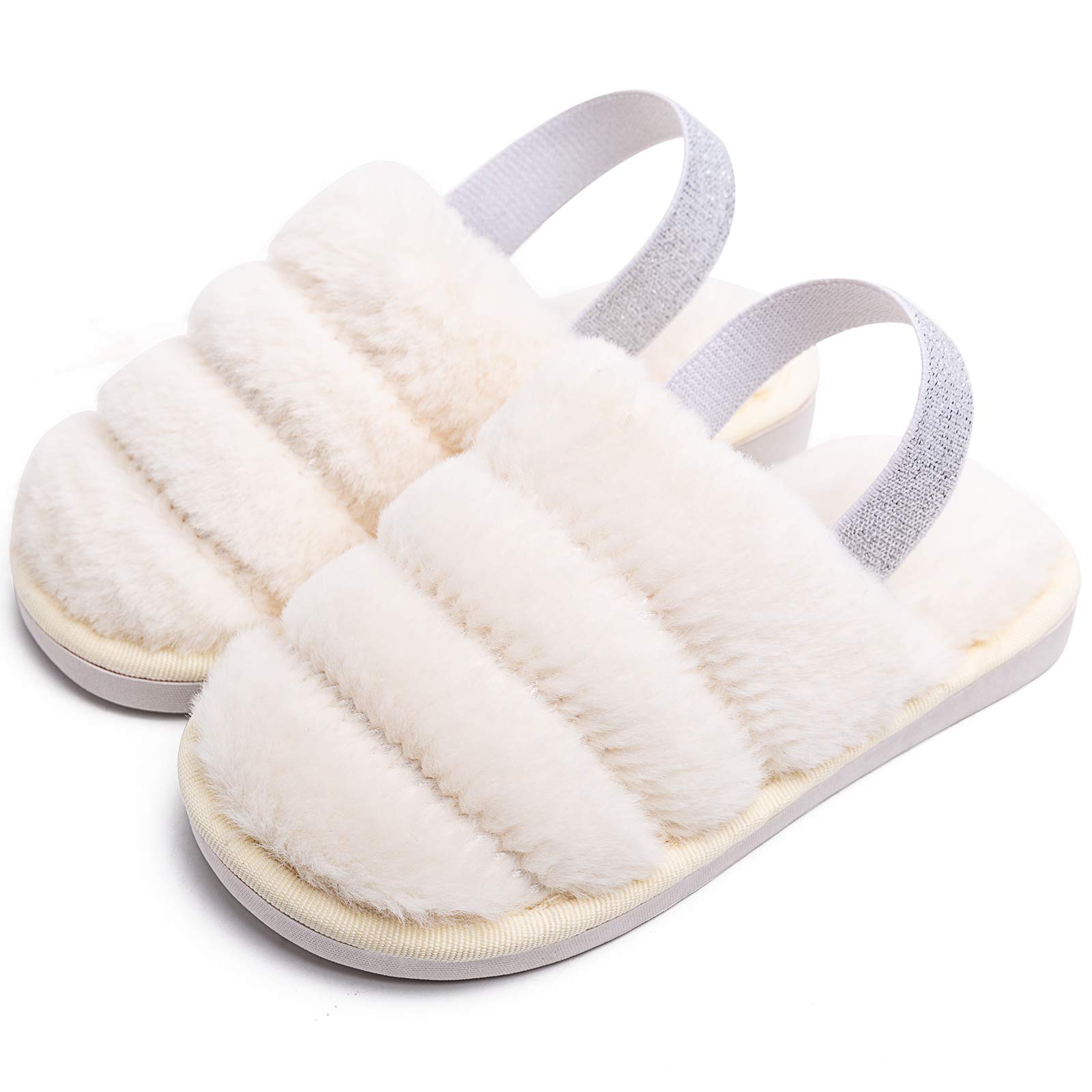 Kids Fluffy Fuzzy Slippers - Soft Faux Fur Open-Toe House Shoes for Boys & Girls | Non-Slip Indoor Slides with Adjustable Strap | Perfect for Home, Playtime & Cozy Comfort
