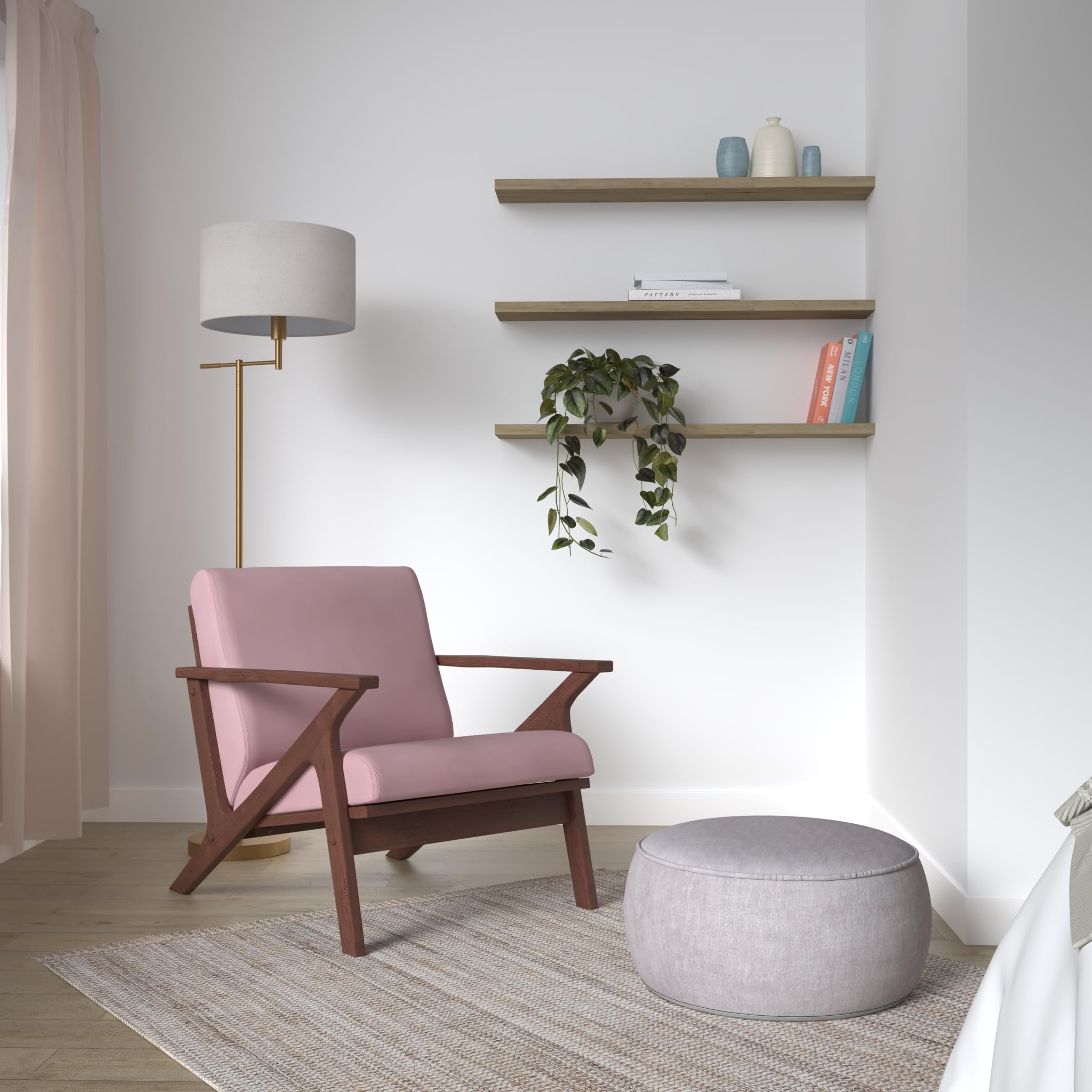 Mid Century Modern Accent Chair - Solid Wood Frame with Blush Velvet/Walnut Upholstery - Stylish Armchair for Living Room, Bedroom & Reading Nook - Perfect for Home, Office & Cozy Spaces