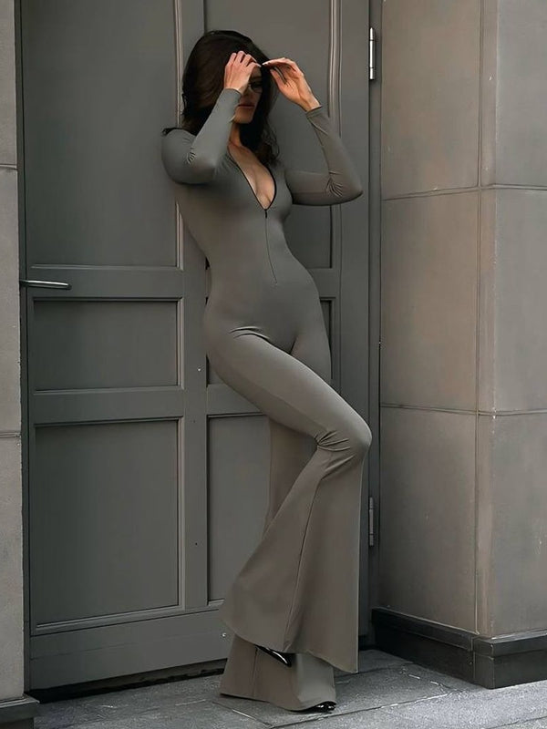 ZASUWA Women's Trendy Zipper Flare Jumpsuit - Slim Fit Stretchy Romper for Casual Outings & Night Out