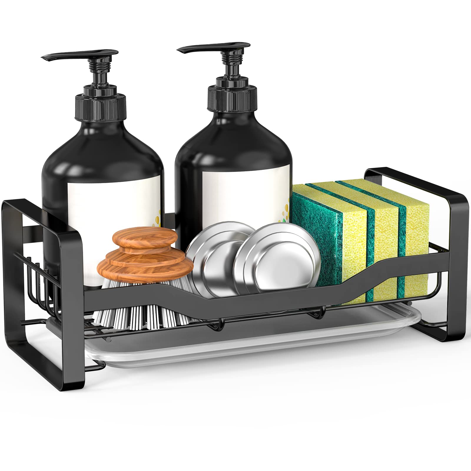 Kitchen Sink Organizer with Sponge Holder, Soap Dispenser & Removable Drain Tray - Countertop Caddy for Efficient Kitchen Cleaning & Storage
