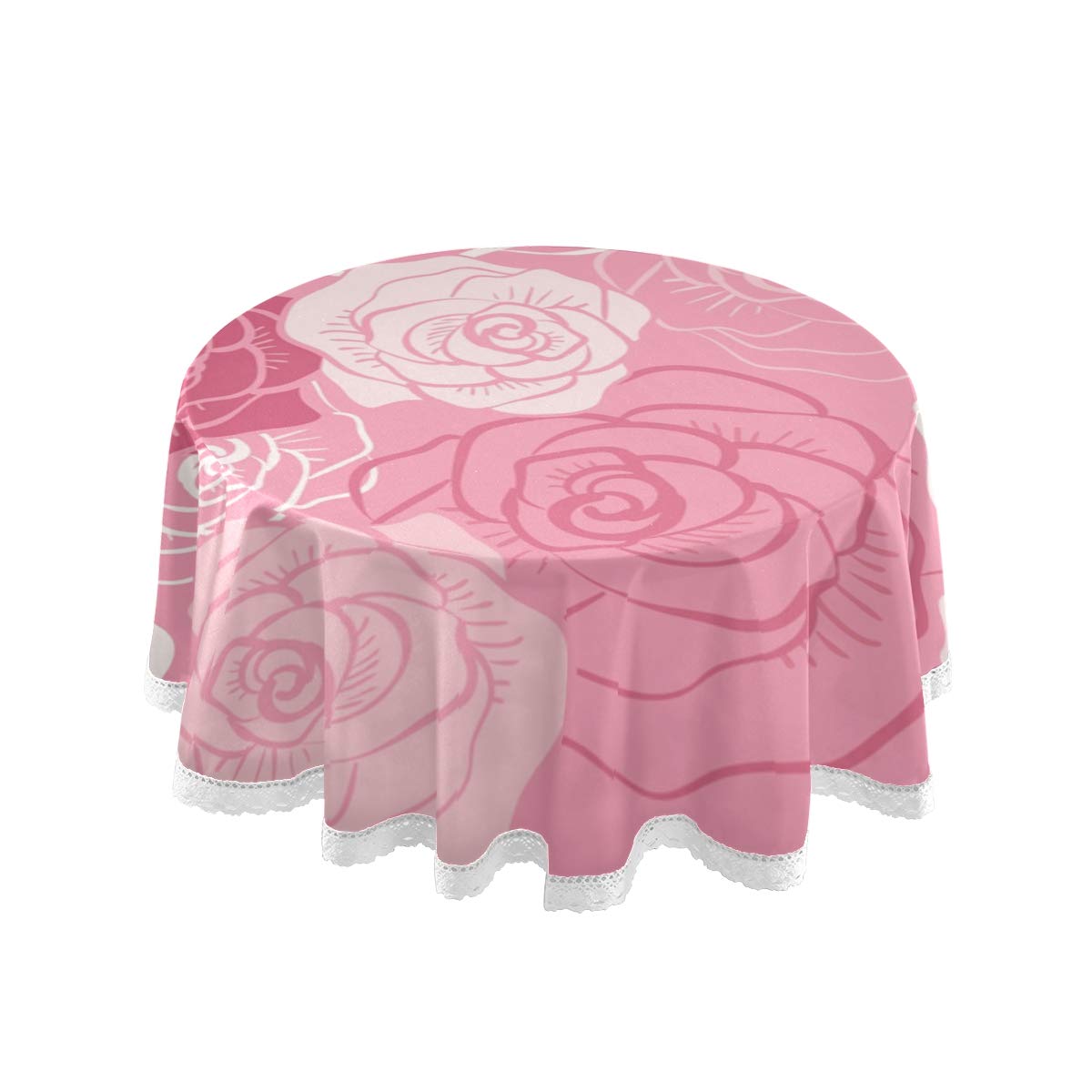 60 Inch Round Pink Rose White Lace Polyester Tablecloth for Valentine's Day Party, Wedding, Anniversary & Romantic Dinner Table Decorations - Perfect for Dining Room, Restaurant & Special Events