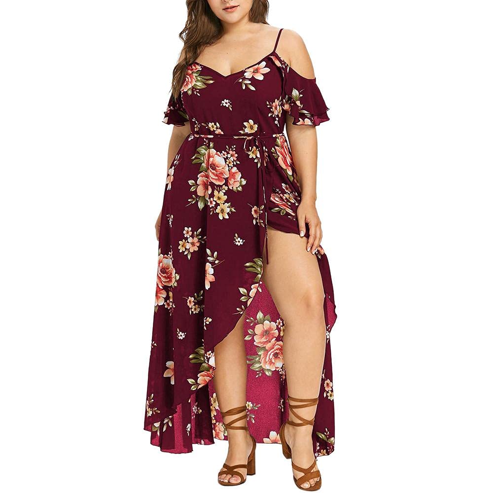Clilos Plus Size Summer Maxi Dresses for Women - Cold Shoulder Boho Flowy Wedding Guest Dress with Ruffle Hem | Beach Vacations, Garden Parties & Special Occasions