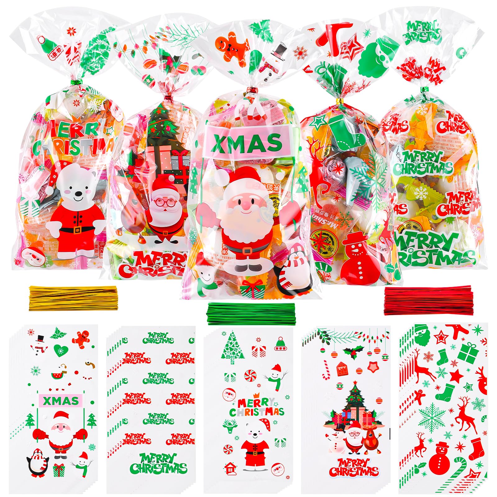 180pcs Christmas Cellophane Treat Bags with Twist Ties - Clear Xmas Cello Goody Gift Candy Bags for Holiday Party Favors, Stocking Stuffers & Gift Wrapping
