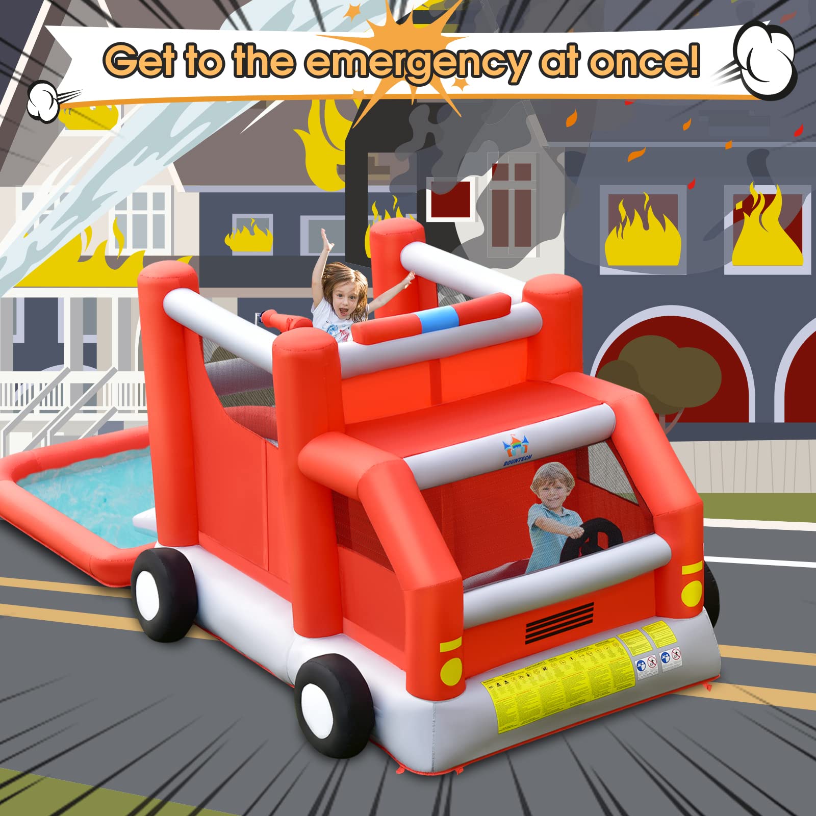 **BOUNTECH Inflatable Water Bounce House - Fire Truck Water Park Bouncy Castle with Slide & Splash Pool, Wet & Dry Combo for Kids Outdoor Play - Perfect for Backyard Birthday Parties, Summer Fun, Boys & Girls Ages 3-12**    *(Use Case: Ideal for backyard parties, summer gatherings, kids' outdoor play, and birthday celebrations!)*