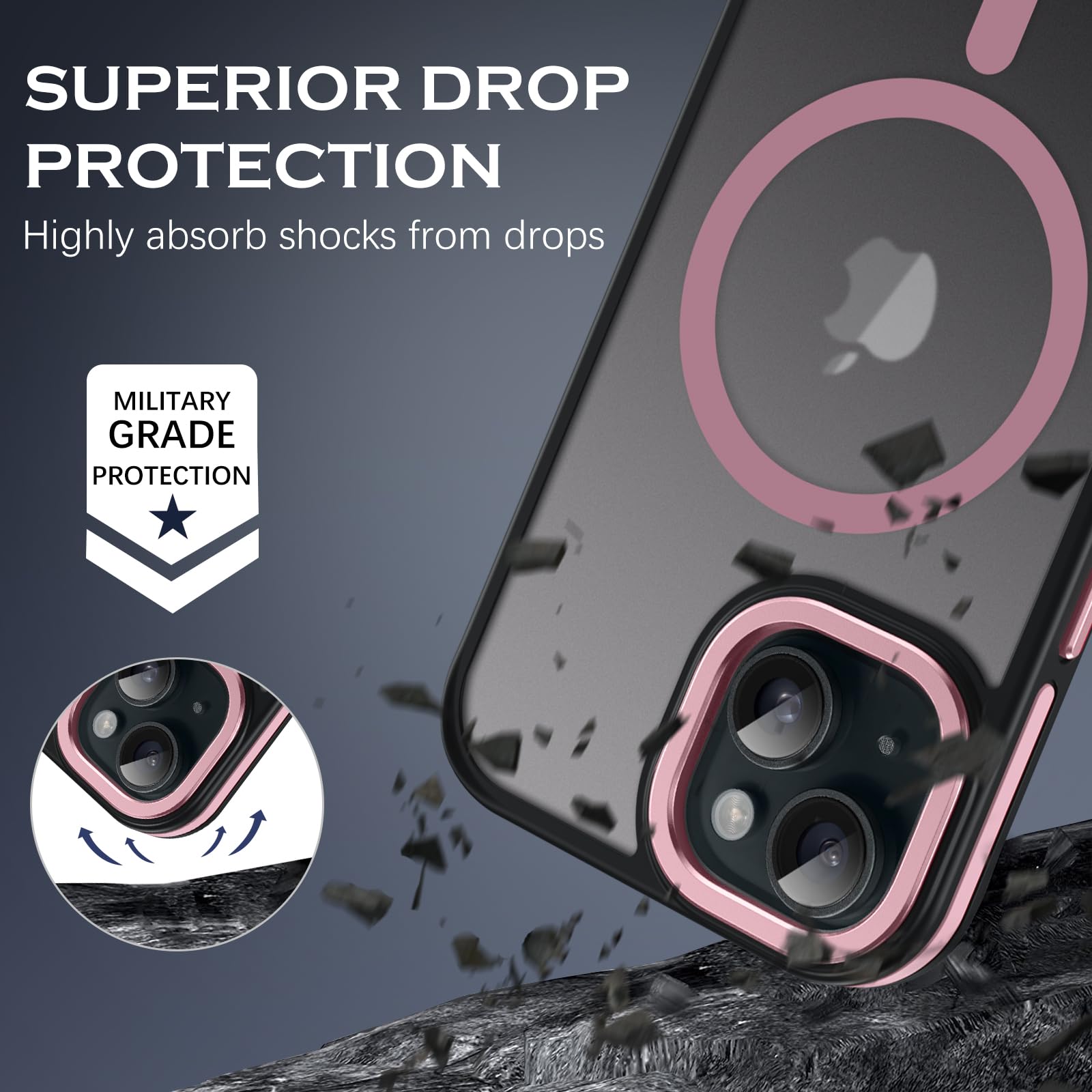 YINLAI Magnetic Slim Translucent Matte Case for iPhone 15 Plus 6.7-Inch | Magsafe Compatible | Shockproof Protective Cover for Men & Women | Black/Pink | Perfect for Everyday Use & Travel Protection