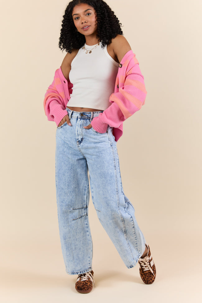 Bella Light Wash Pull On Barrel Jeans for Women - Comfortable Stretch Denim Pants with Elastic Waist, Casual & Chic Style for Everyday Wear, Work, or Weekend Outings