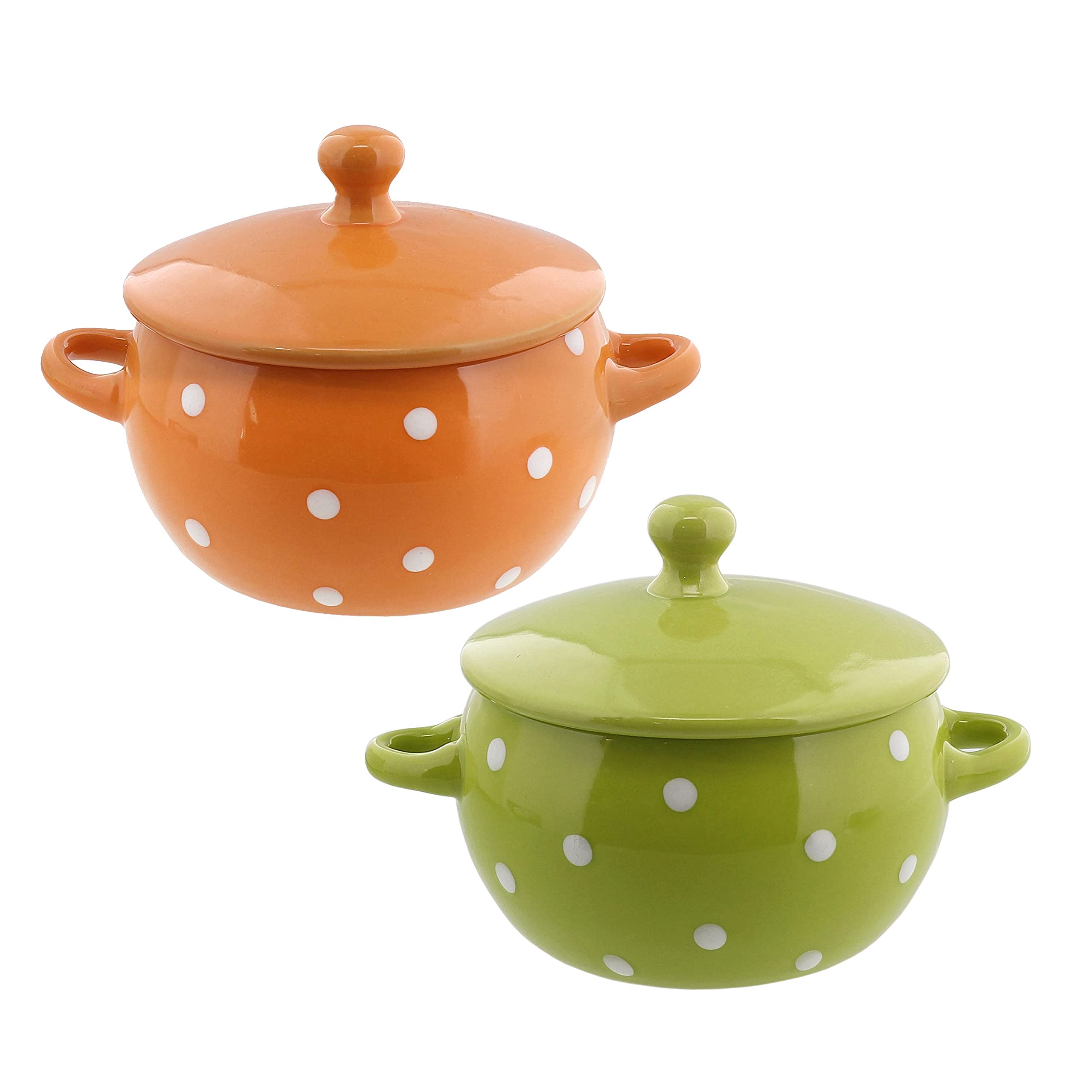 Servette Ceramic Soup Bowls with Handles and Lids - Set of 2 Polka Dot Bowls in Orange & Green - Perfect for Home Dining, Soup, Cereal, and Pasta Serving
