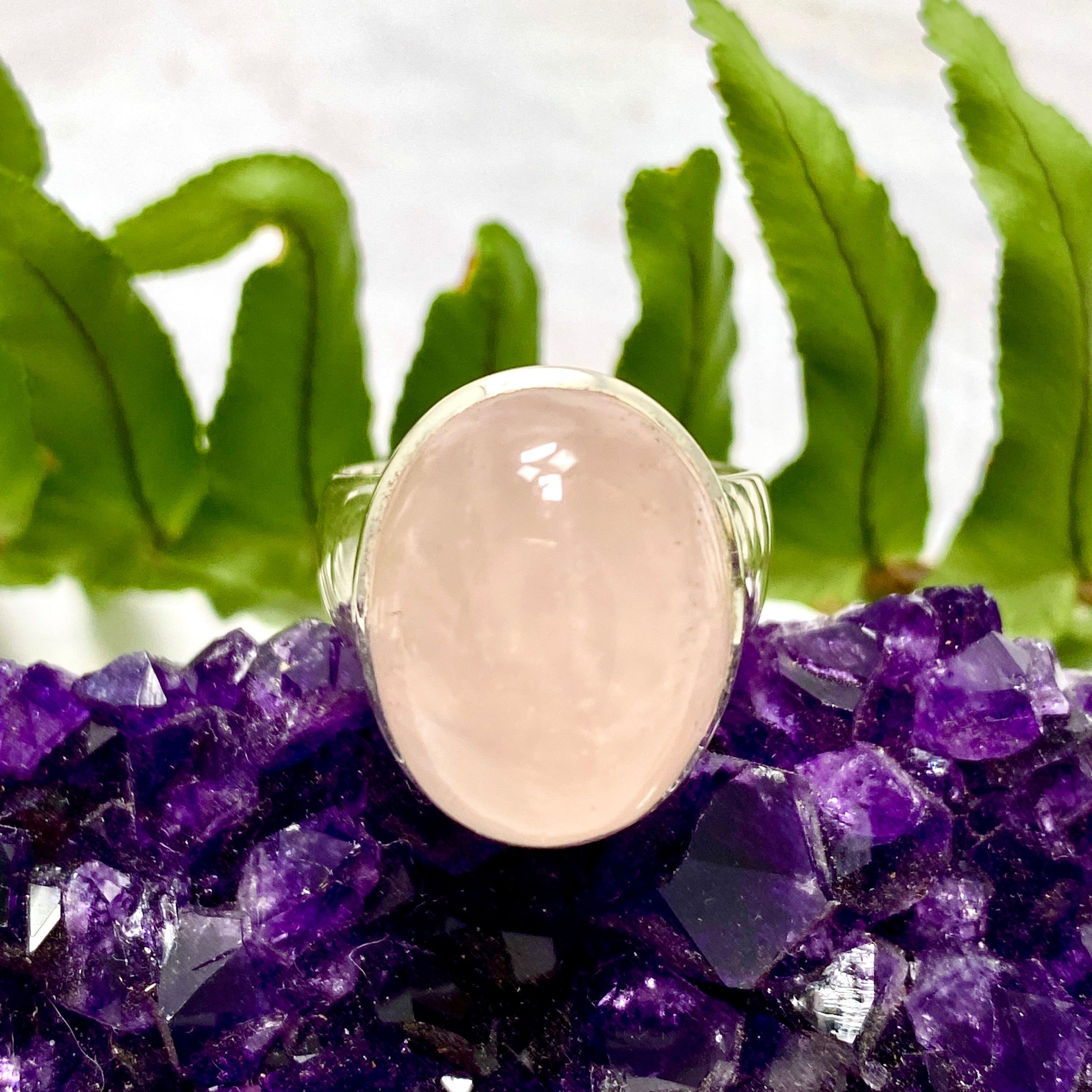 Rose Quartz Oval Cabochon Ring Size 7 - KRGJ2041 | Healing Crystal Jewelry for Meditation & Spiritual Balance