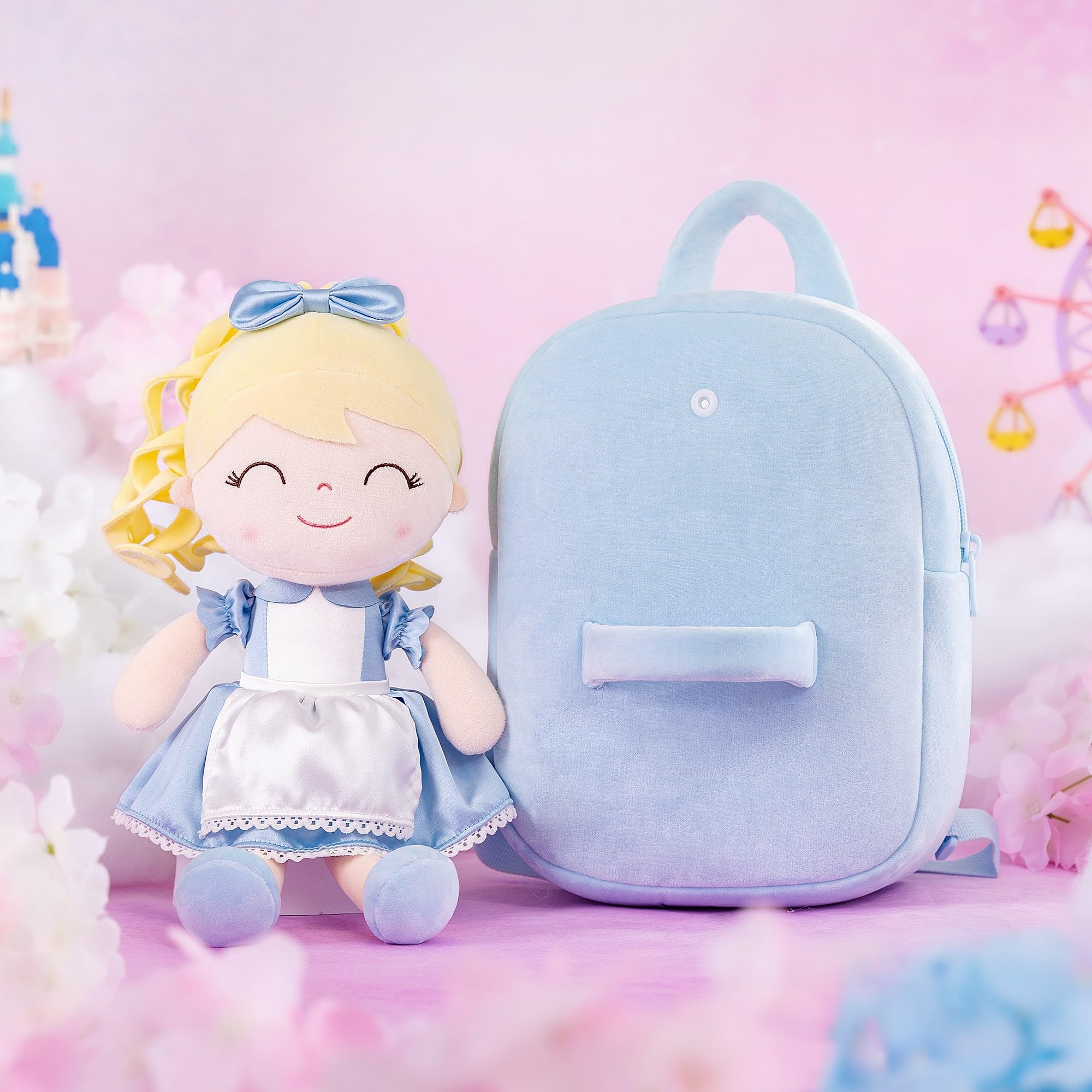 **Gloveleya Soft Plush Toddler Backpack for Girls - Cute Princess Alice Doll Backpack for Kids, Baby Girl Gifts (Blue, 9
