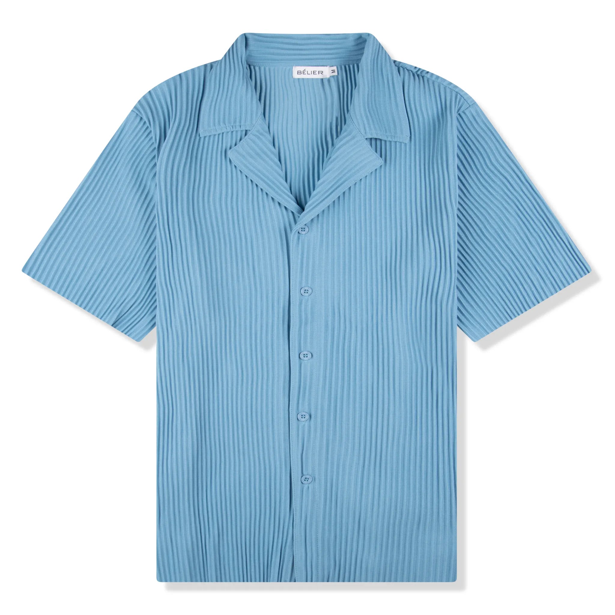 Belier Pleated Short Sleeve Light Blue Resort Shirt for Men - Casual Summer Beach Wear & Tropical Vacation Outfit