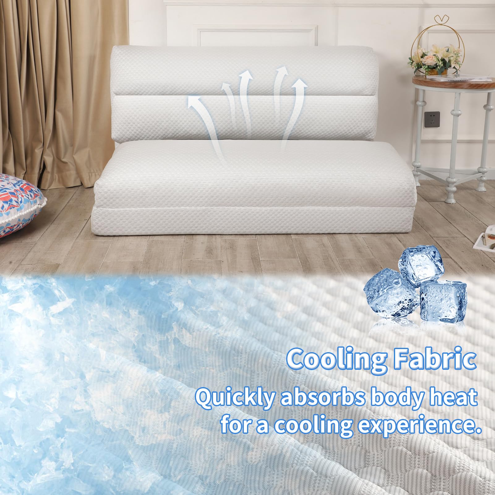 Breathable Cooling Bean Bag Sofa Bed - Foldable Full Floor Mattress for Hot Sleepers with Removable Washable Cover, Light Grey, 54x95 Inch - Perfect for Dorm Rooms, Guest Beds & Summer Napping