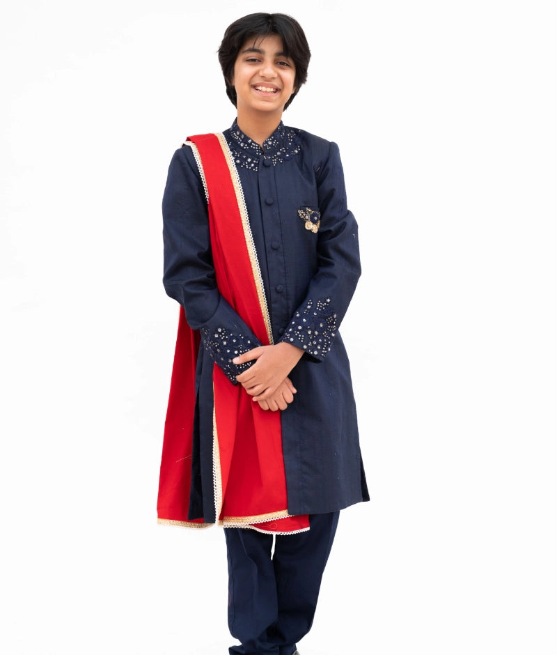 Blue Silk Sherwani with Matching Pant & Red Stole - Premium Indian Wedding Attire for Groom & Groomsmen - Perfect for Weddings, Festivals & Special Occasions