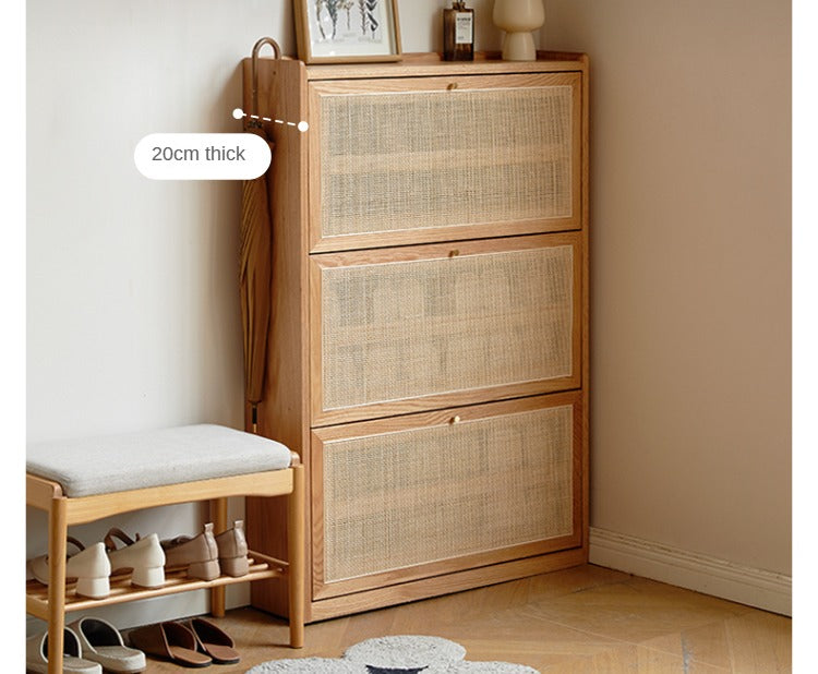 Oak Solid Wood Ultra Thin Flap Door Rattan Shoe Cabinet - Space Saving Entryway Storage Organizer for Hallway, Closet & Mudroom