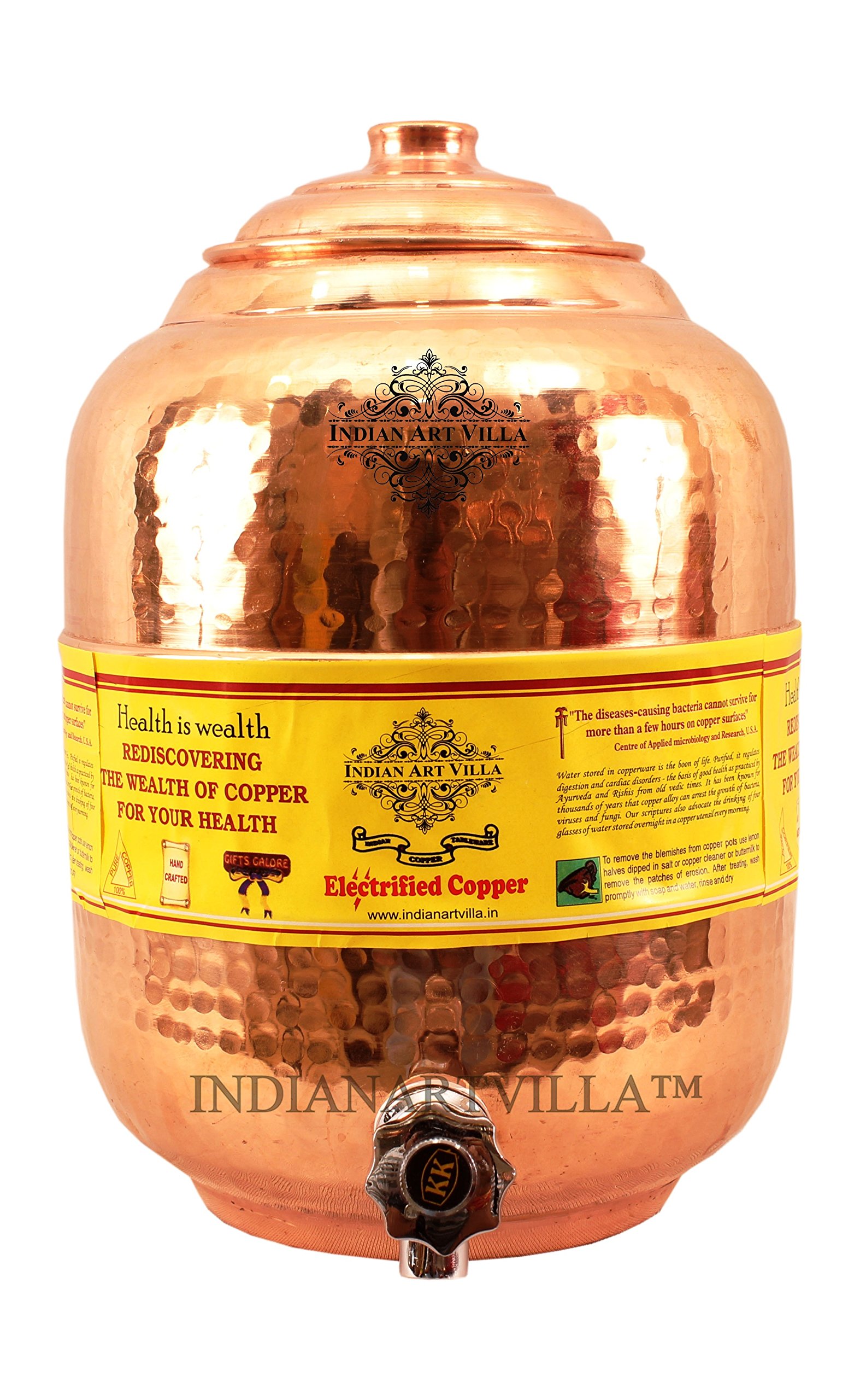Handmade Pure Copper Water Dispenser 236oz & Storage Vessel Set with 10oz Copper Glass Cup | Indian Art Villa | Ayurvedic Water Benefits | Perfect for Home, Office & Yoga Practice