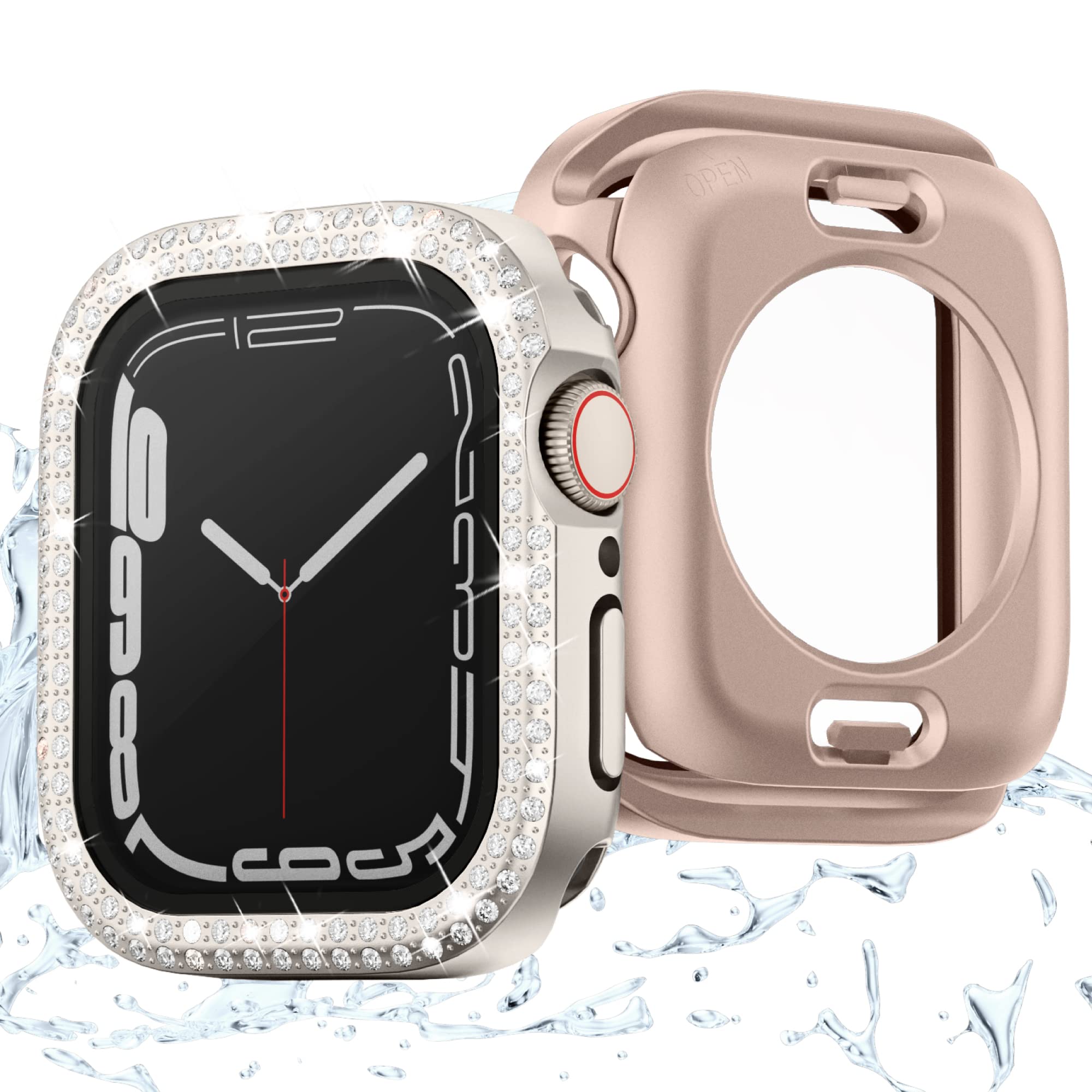 2-Pack Waterproof Bling Case for Apple Watch 45mm Series 8/7 with Tempered Glass Screen Protector - Crystal Rhinestone Cover with Front & Back Bumper | Durable Fashion Accessory for Women, Gym, Swimming & Everyday Use