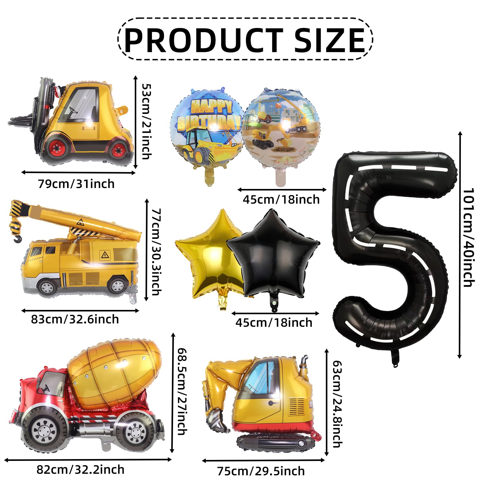 Construction 5th Birthday Party Decorations Set - 9pcs Foil Number Balloons for Construction Truck Theme Party Supplies | Perfect for Kids Birthday, Construction Themed Events & DIY Party Decor