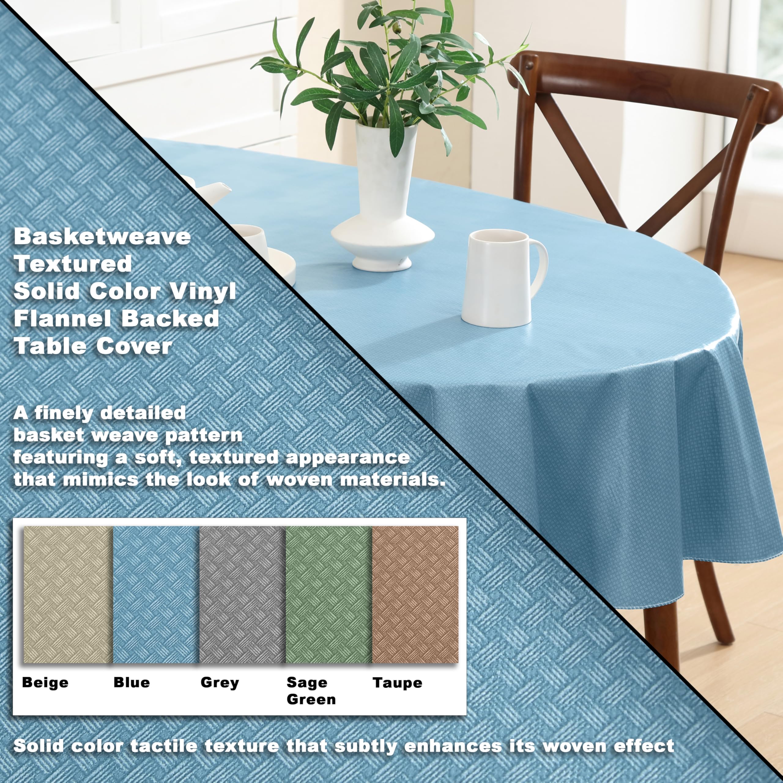 Premium Basketweave Textured Vinyl Tablecloth - Waterproof & Flannel Backed for Indoor/Outdoor Use - 60