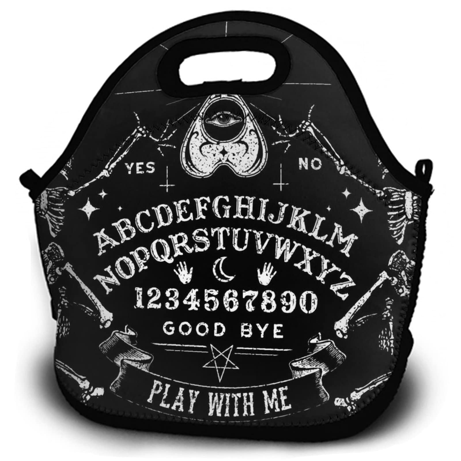 Vintage Skeleton Magic Ouija Board - Black | Insulated Neoprene Lunch Bag for Adults - Portable Thermal Tote Bento Pouch & Cooler Lunch Box - Perfect for Outdoor Activities, Hiking, Picnics, Camping, and Work Lunch