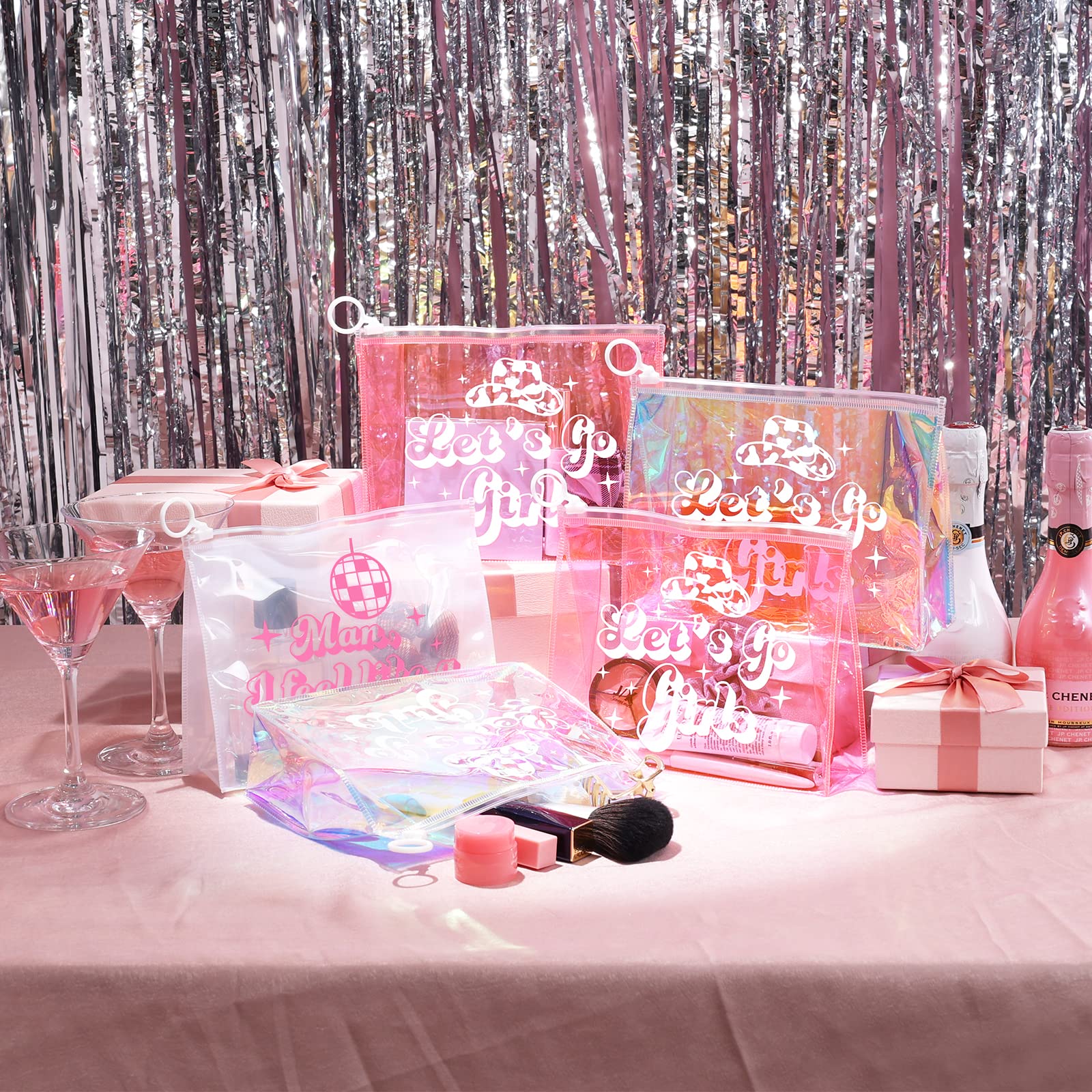 7 Pcs Retro Disco Cowgirl Makeup Bags - Holographic Cosmetic Bags with Zipper for Bachelorette Party, Girls Trip & Gift Ideas | Perfect for Travel, Bridal Showers & Festival Essentials