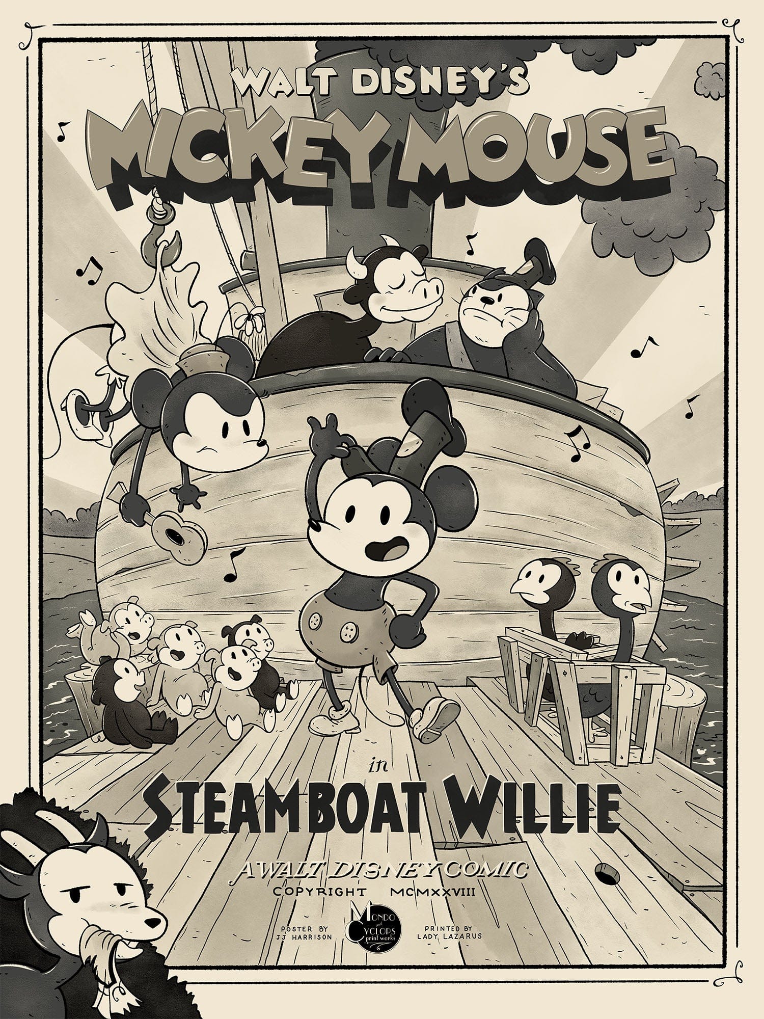 Disney Mickey Mouse Steamboat Willie Vintage Poster - Classic Cartoon Wall Art for Kids Room, Nursery, Office & Home Decor