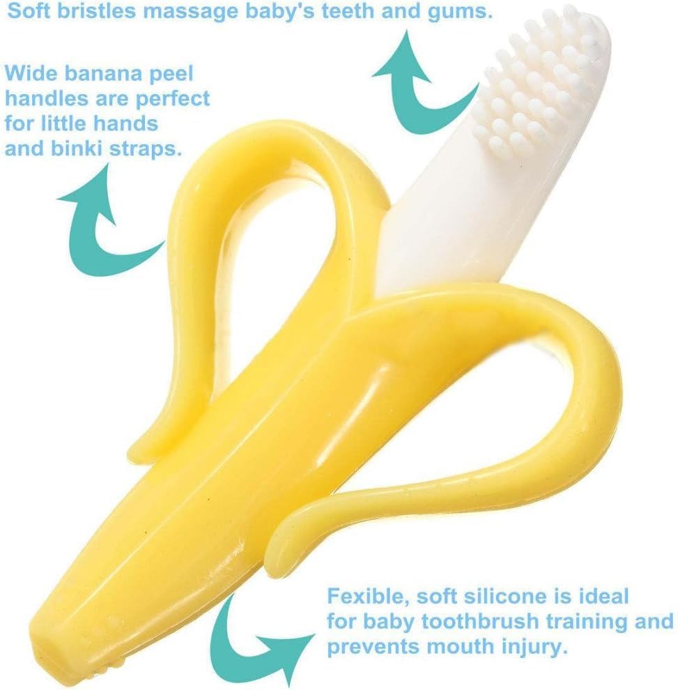 Kritiu Banana Shape Baby Brush & Fruit Teether Set - Soft Silicone Teething Toy for Infants | BPA-Free, Non-Toxic & Easy to Clean | Perfect for Soothing Sore Gums & Oral Hygiene (Yellow & Red) - Ideal for Home, Travel & Daycare Use