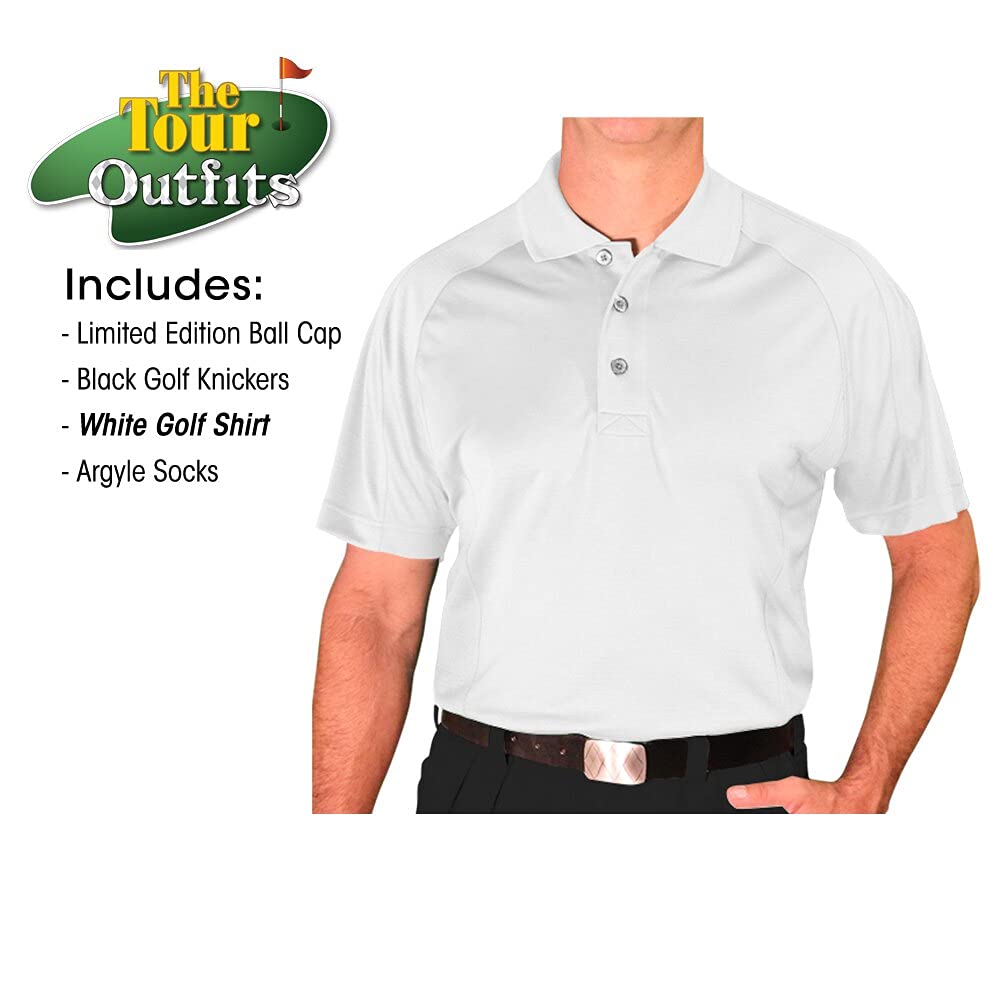Men's Fashion Outfit Set - Black Microfiber Limited Edition Baseball Cap, Over-The-Calf Argyle Socks & White Golf Polo Shirt | Perfect for Golf, Casual Wear & Street Style