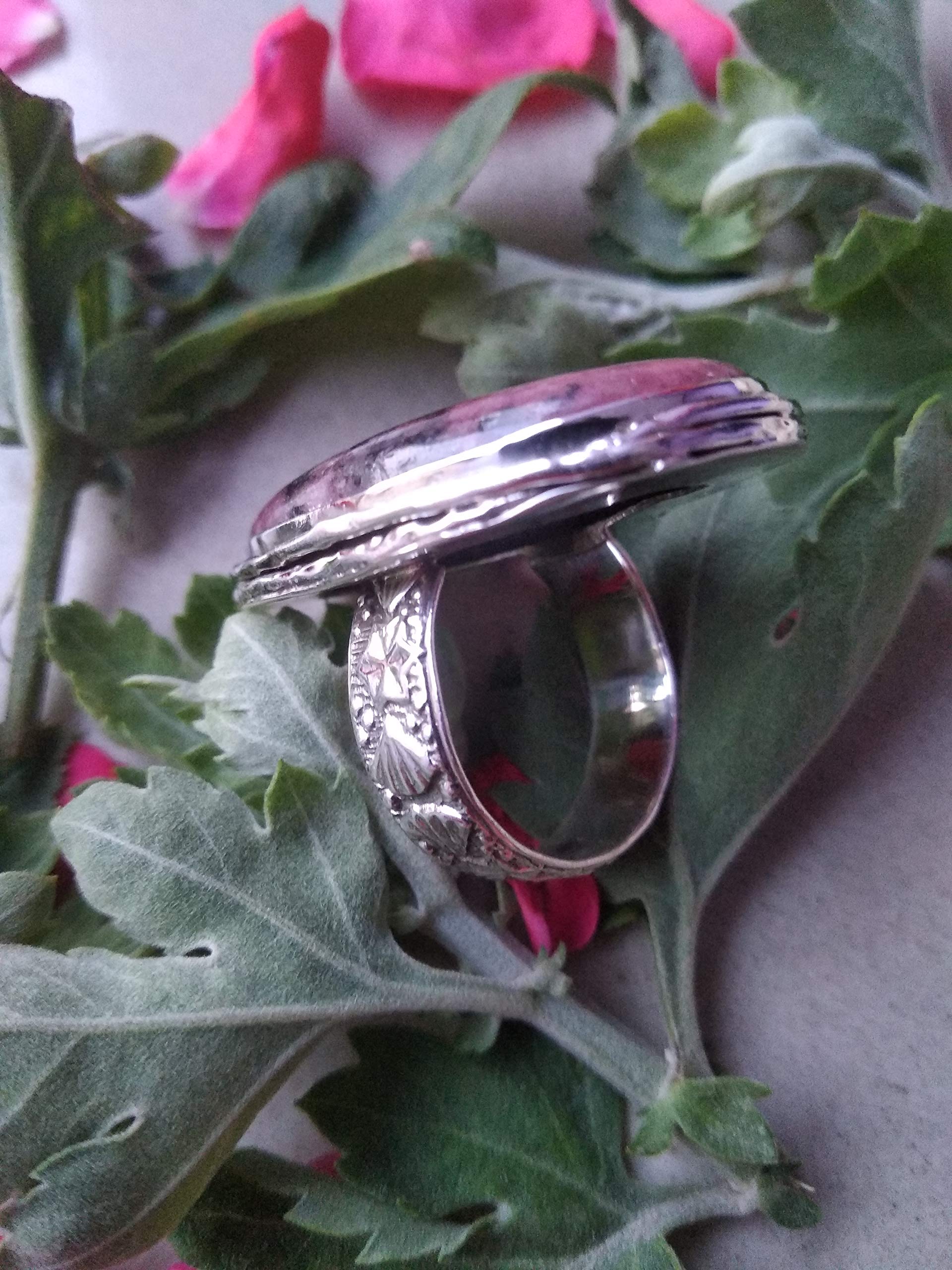 Rhodonite Ring Sterling Silver 925, Bohemian Statement Jewelry, Vintage Style Healing Crystal Ring for Women - Perfect Bridesmaid Gift, Anniversary Gift, Promise Ring & Spiritual Healing Jewelry for Everyday Wear, Meditation & Special Occasions