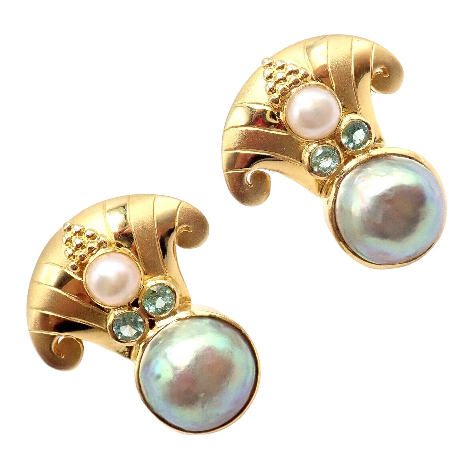 Exquisite Vintage Paula Crevoshay 18K Gold Abalone Pearl & Blue Gemstone Earrings - Unique Handmade Jewelry for Women - Perfect for Weddings, Anniversaries & Special Occasions
