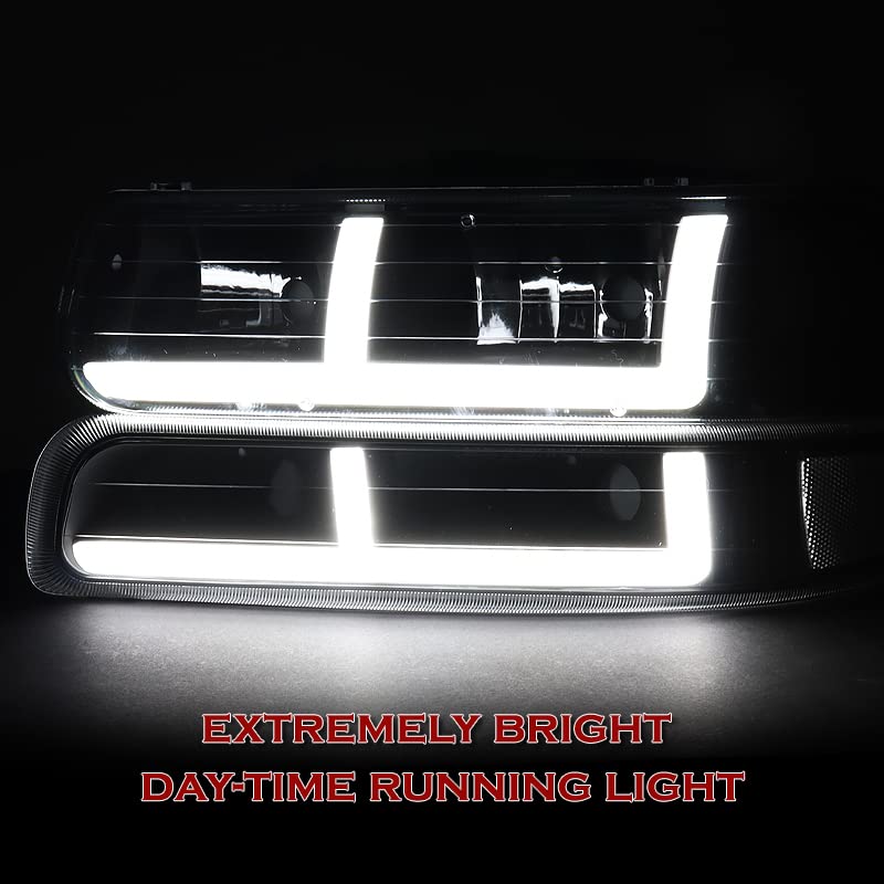 HYPERSPEED G2 DRL LED Light Bar & Bumper Lamps (4-Piece Set) - Compatible with 1999-2006 Chevy Silverado, Suburban, Tahoe - Black Housing with Clear Lens & Reflector - High-Performance Replacement Headlights for Off-Road, Night Driving & Truck Customization