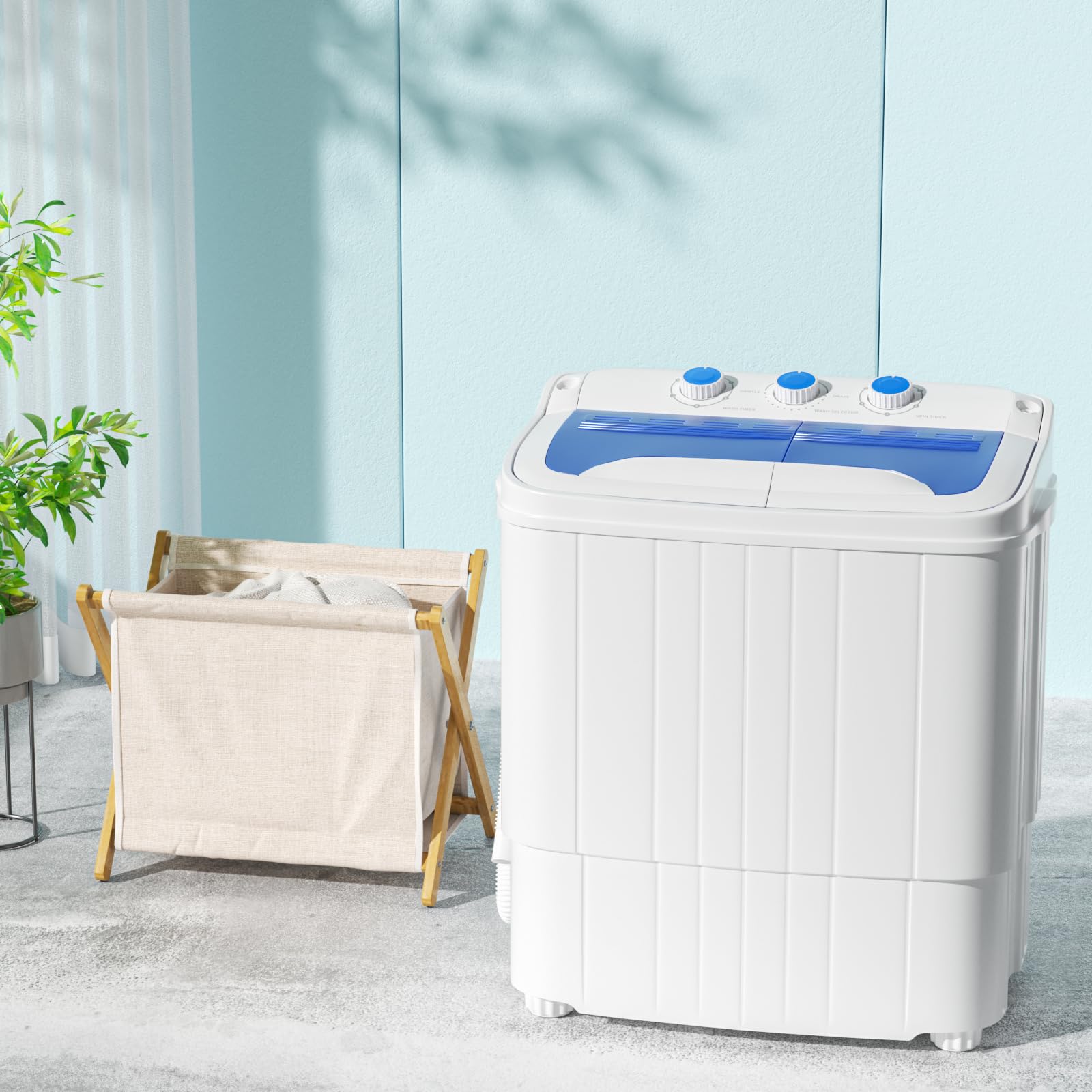 INTERGREAT 15lbs Portable Twin Tub Washing Machine with Drain Pump - Compact Semi-Automatic Washer for Dorms, Apartments, RVs & Camping - Blue Mini Laundry Machine with Extended Hose for Small Space Living & Travel Use