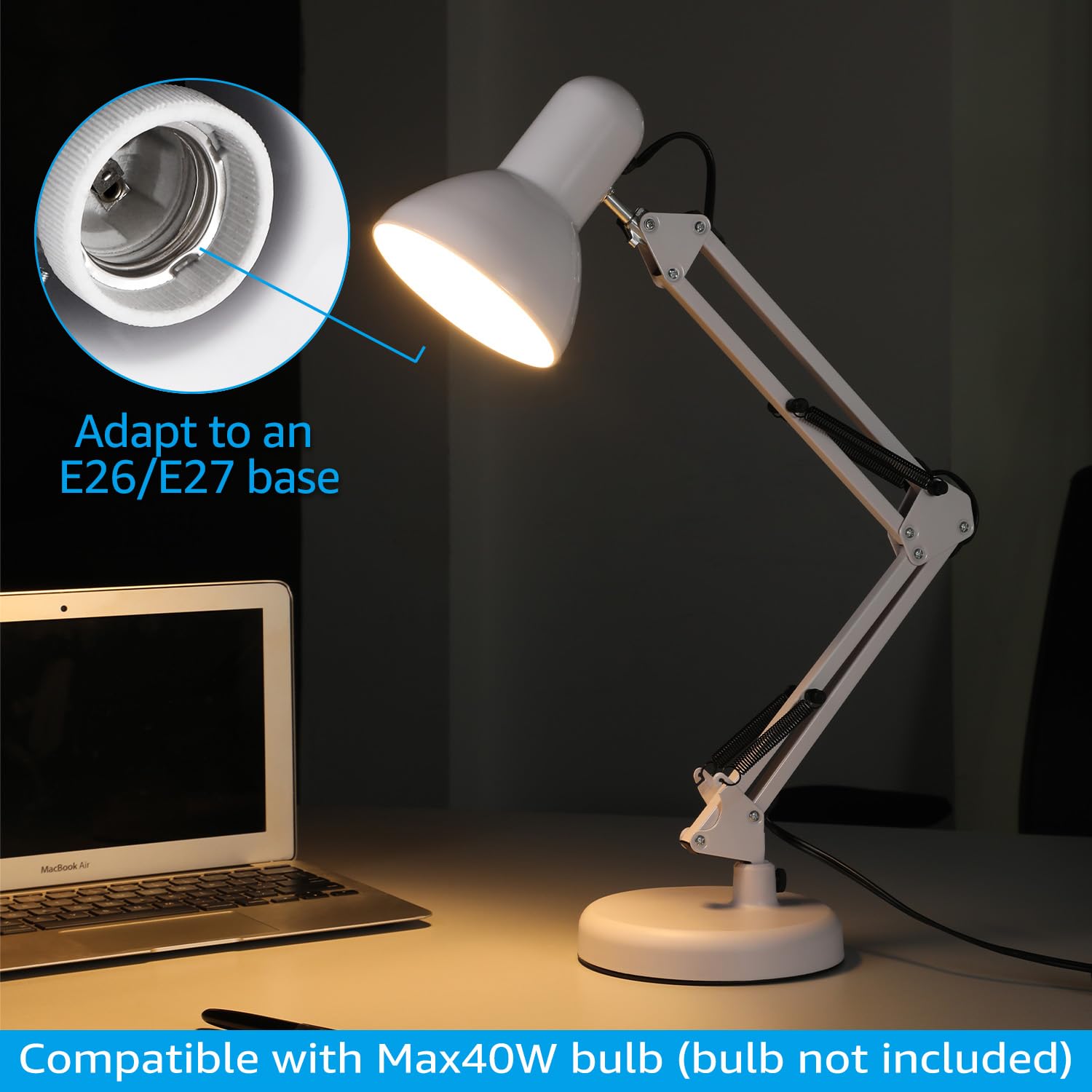 TORCHSTAR Adjustable Metal Desk Lamp with Clamp - Multi-Joint Swing Arm Architect Lamp, Flexible Gooseneck Table Light for Home Office, Study & Reading - E26 Base, White - Perfect for Workspaces, Dorm Rooms & Crafting Areas