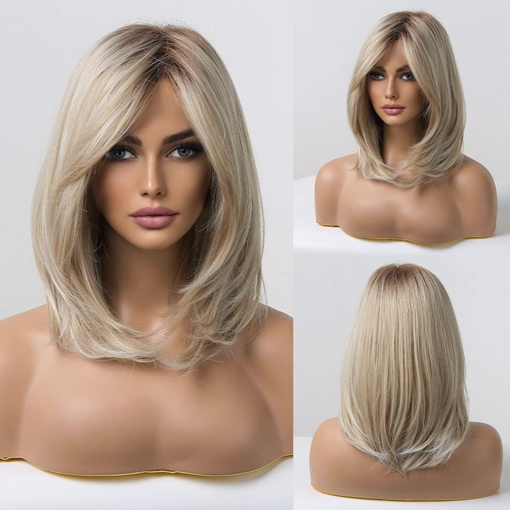 BERON Blonde Wig with Dark Roots - Long Layered Synthetic Hair Wig for Women with Bangs | Perfect for Cosplay, Halloween, Parties & Daily Fashion