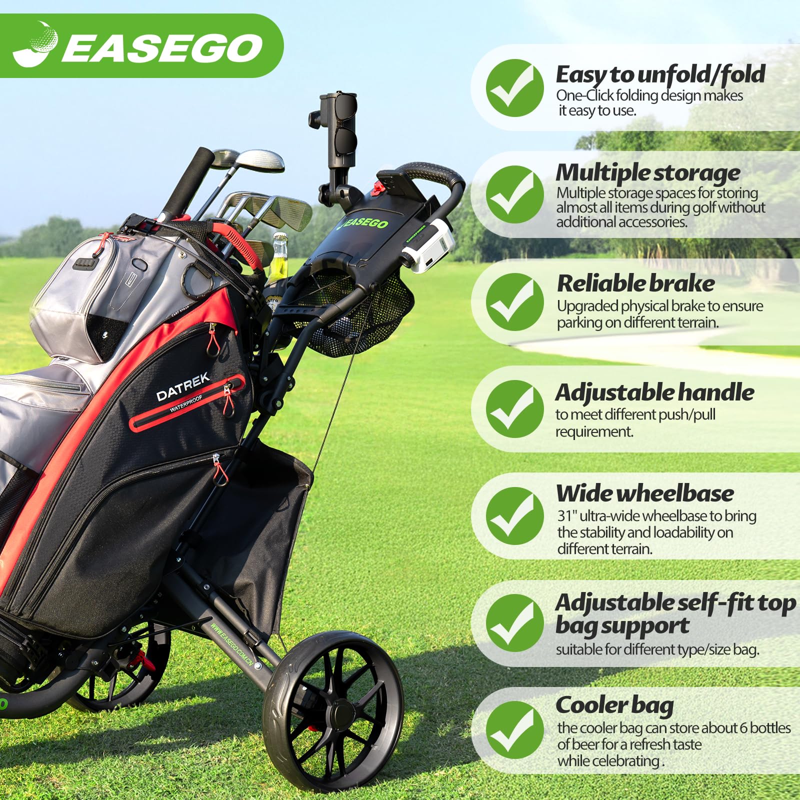 3 Wheel Golf Push Cart - Foldable Golf Bag Cart with Phone Holder, Cup Holder & Umbrella Holder | Compact Quick-Fold Design with Large Wheelbase for All Terrains | Perfect for Golf Courses, Driving Ranges & Outdoor Practice