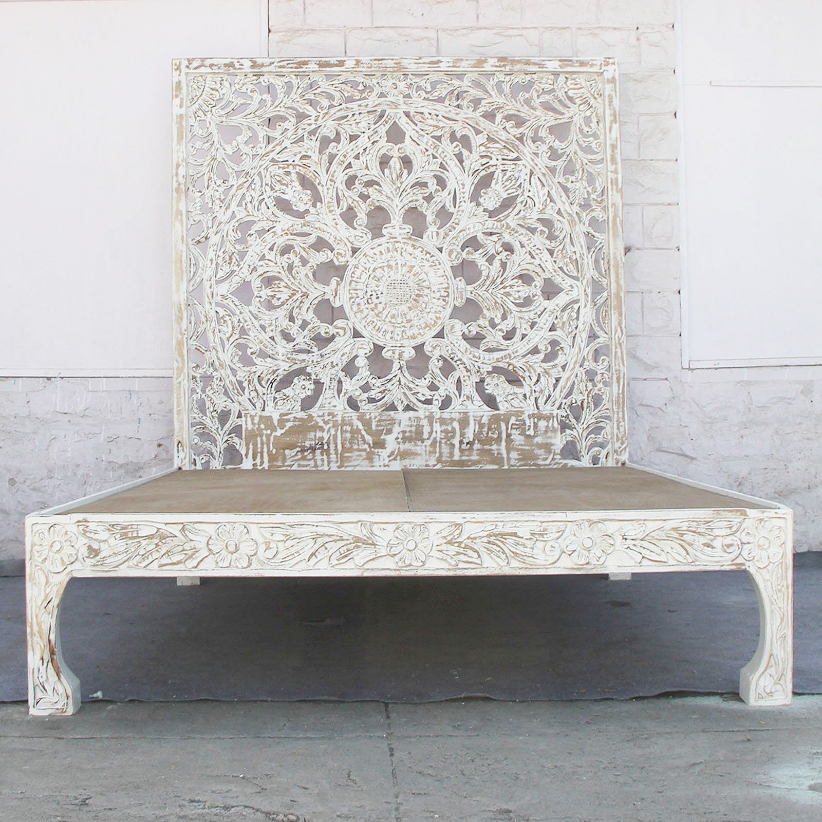 Hand Carved Indian Solid Wooden Nadia Bed Frame in White | Dynasty Furniture | Perfect for Master Bedroom, Guest Room & Modern Home Decor