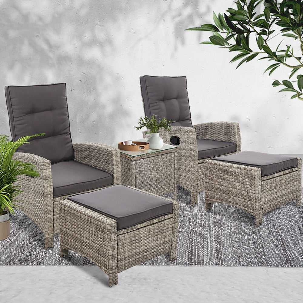 5-Piece Elise Outdoor Recliner Chair Set with Ottoman & Side Table - Grey Patio Furniture for Backyard, Poolside, or Garden Relaxation