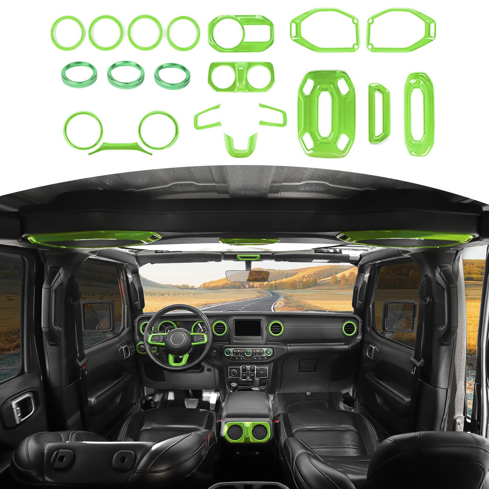 Jeep Wrangler JL JLU 2018-2023 Green Interior Trim Cover Kit - 20pcs AC Vent Trim Rings & Interior Accessories | Upgrade Your Ride for Off-Road Adventures & Daily Commutes