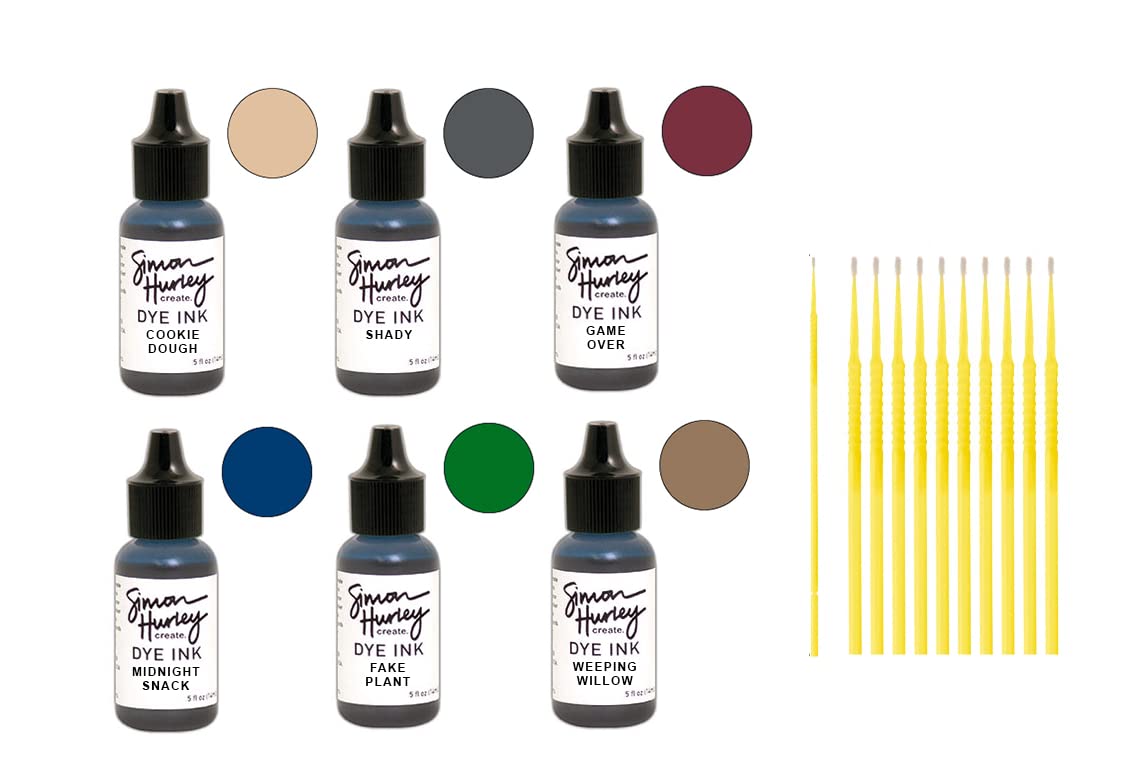 Simon Hurley Create Dye Ink Pad & Reinker Bundle Set - Cookie Dough, Shady, Game Over, Midnight Snack, Fake Plant, Weeping Willow Colors with TreBBies Fine Detail Sticks - Perfect for Card Making, Scrapbooking & DIY Craft Projects