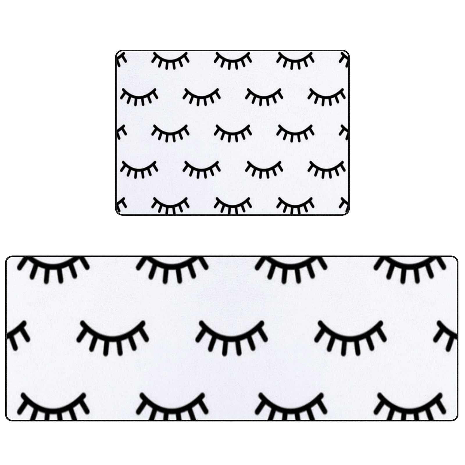 Non-Slip Cartoon Eyelashes Doodle Kitchen Rugs Set - 2 Piece Absorbent Coral Velvet Washable Floor Mats (17.7x29.1Inch + 17.7x58.2Inch) - Perfect for Kitchen, Entryway, and Laundry Room Decor