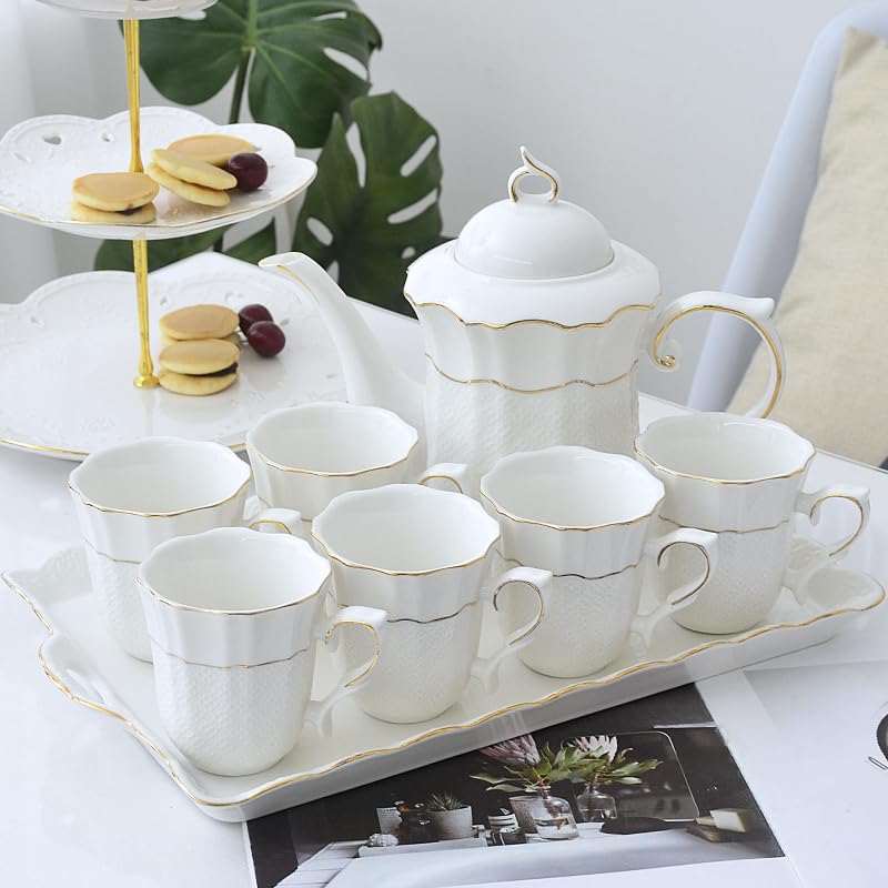 14-Piece Porcelain Tea Set with Gold Spoon - Elegant Ceramic Teapot, Coffee Cups & Tea Party Tray - Perfect for Afternoon Tea, Bridal Shower & Hostess Gift