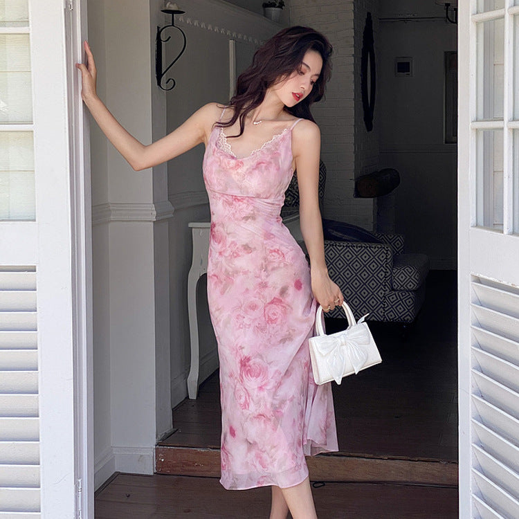 Fairy Spaghetti Strap Summer Dress - Pink Floral Printed Long Maxi Dress 1072 | Perfect for Beach Vacations, Date Nights & Summer Parties