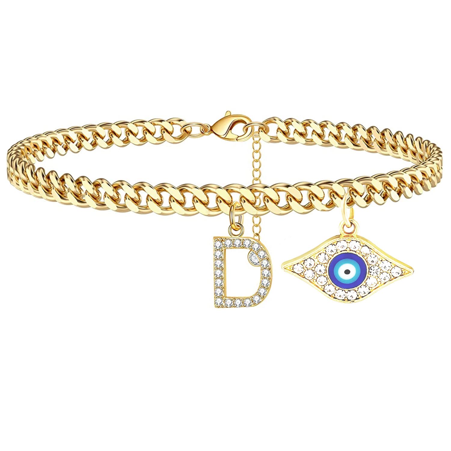 18K Gold Plated Dainty Cuban Link CZ Initial Anklet for Women - Evil Eye Protection Ankle Bracelet, Summer Jewelry Gift for Teen Girls & Women - Perfect for Beach, Vacation & Everyday Wear