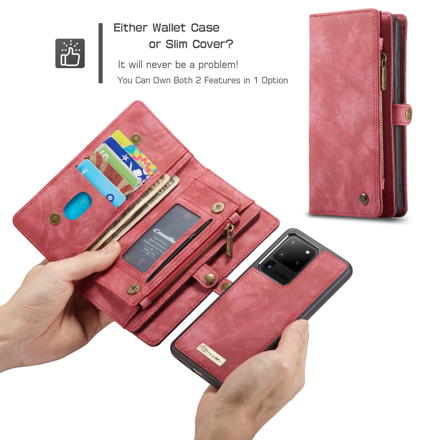 Samsung Galaxy S24 Ultra Wallet Case - Premium Leather Magnetic Flip Cover with Detachable Wrist Strap, 11 Card Slots & Shockproof Protection (Red) - Perfect for Business Travel, Daily Commute & Hands-Free Convenience