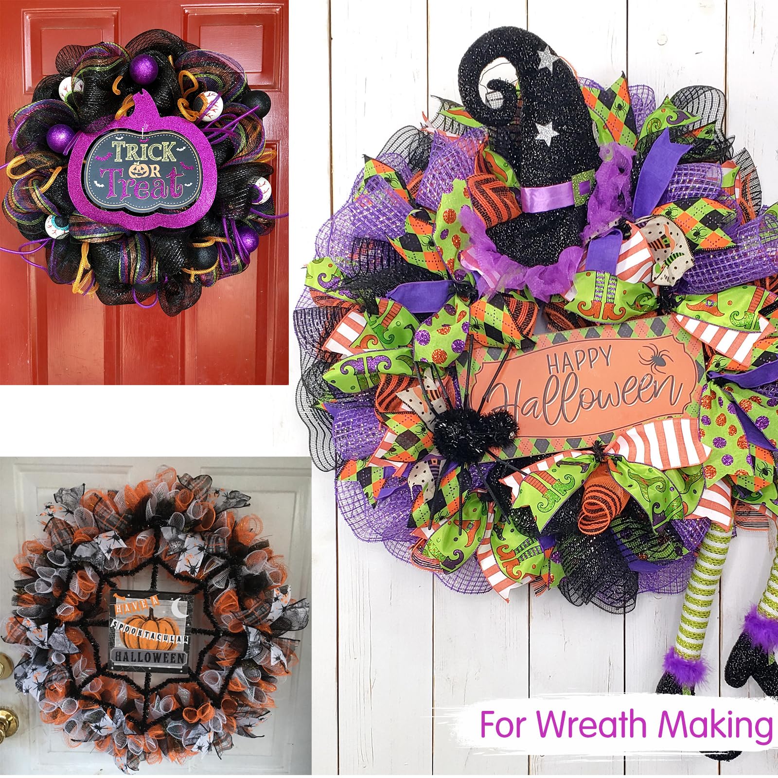 TONIFUL 4 Rolls 10 Inch Decorative Mesh Ribbon - Black Orange Purple Green Wreath Supplies, 30ft per Roll (120ft Total) for Christmas Tree Decor, Front Door Wreaths, DIY Crafts, Halloween & New Year Party Decorations