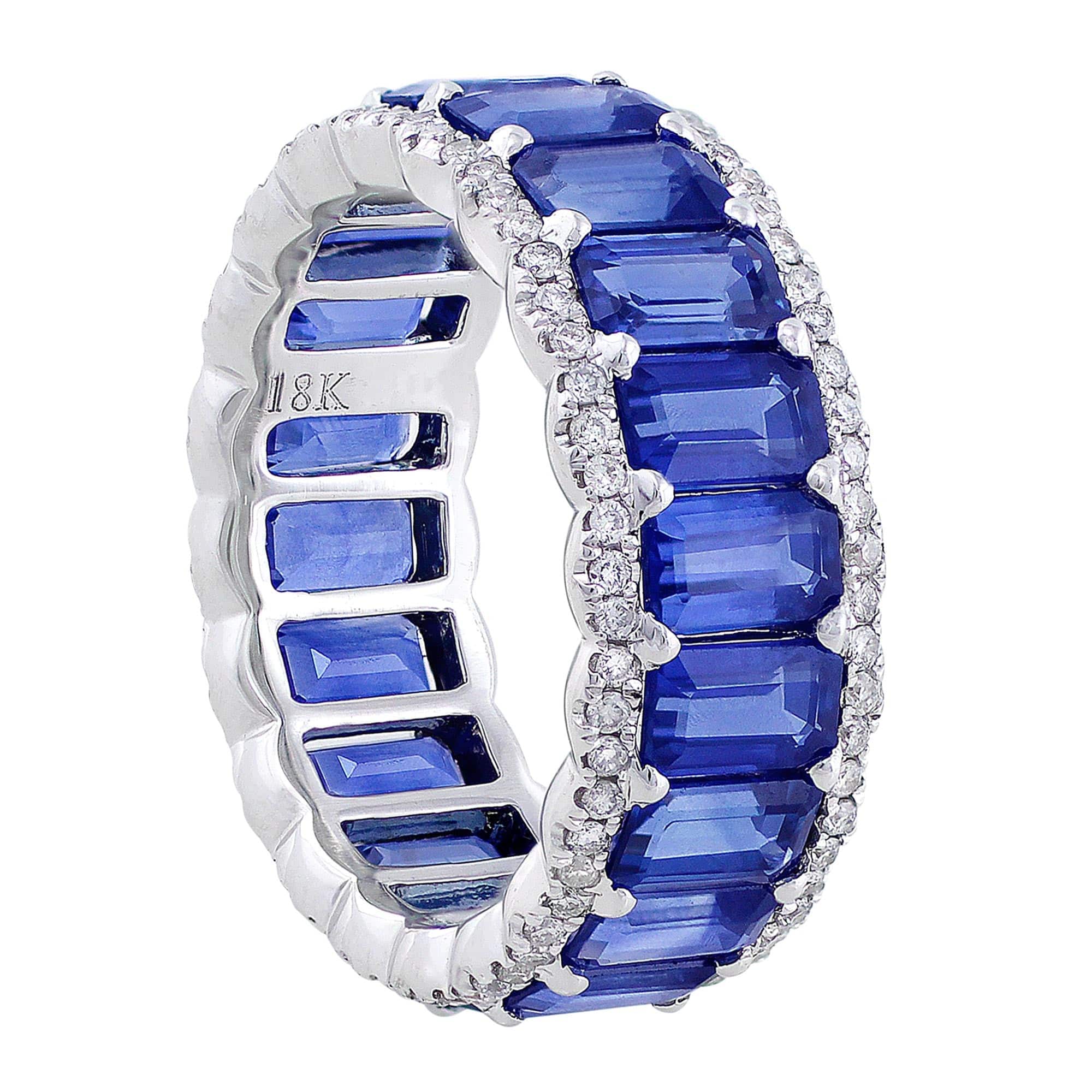 18K White Gold Emerald Cut Sapphire and Diamond Eternity Ring for Women - Elegant Wedding Band, Anniversary Gift, or Special Occasion Jewelry