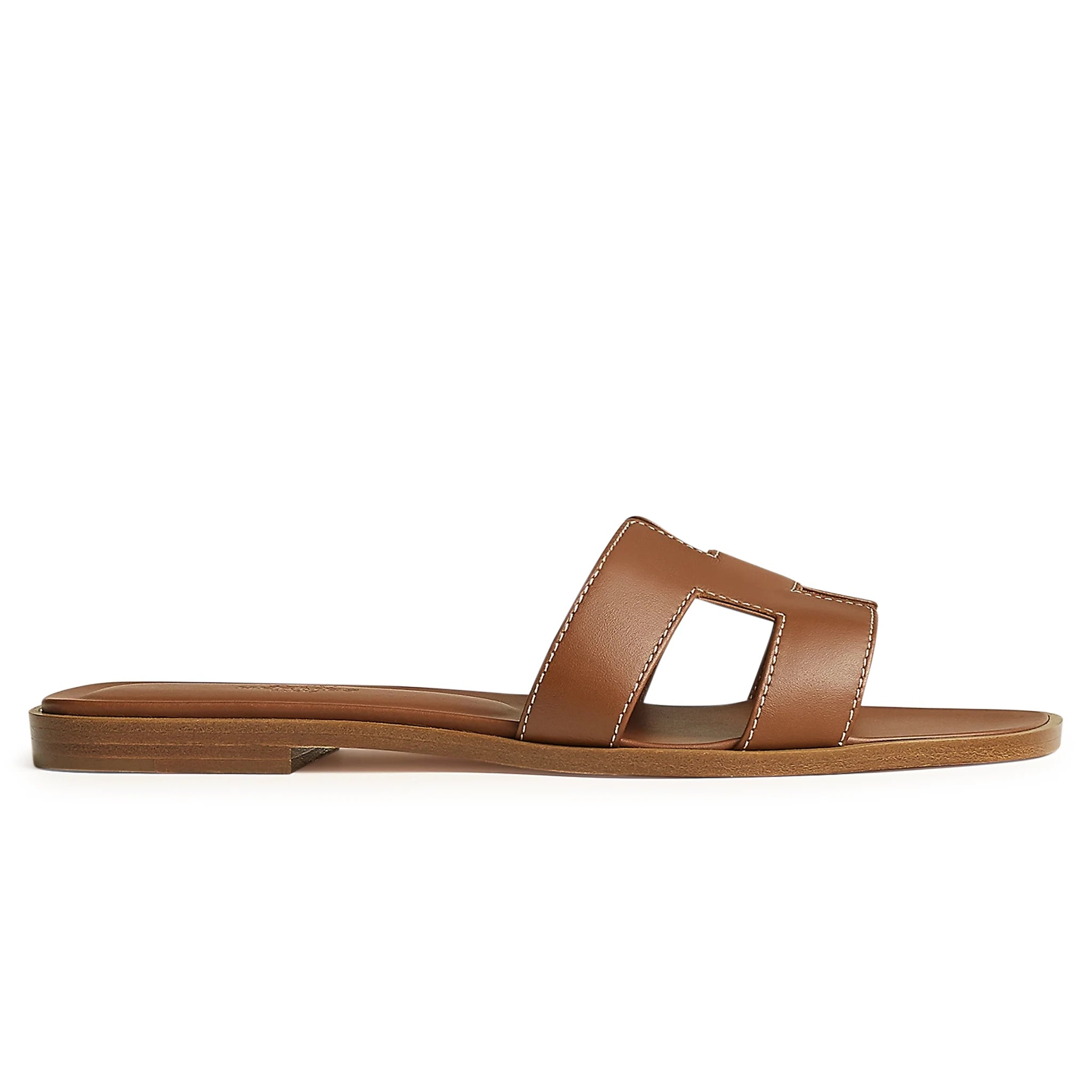 Hermès Paris Oran Gold Leather Sandals for Women - Luxury Designer Flat Slides for Summer, Beach & Casual Outfits