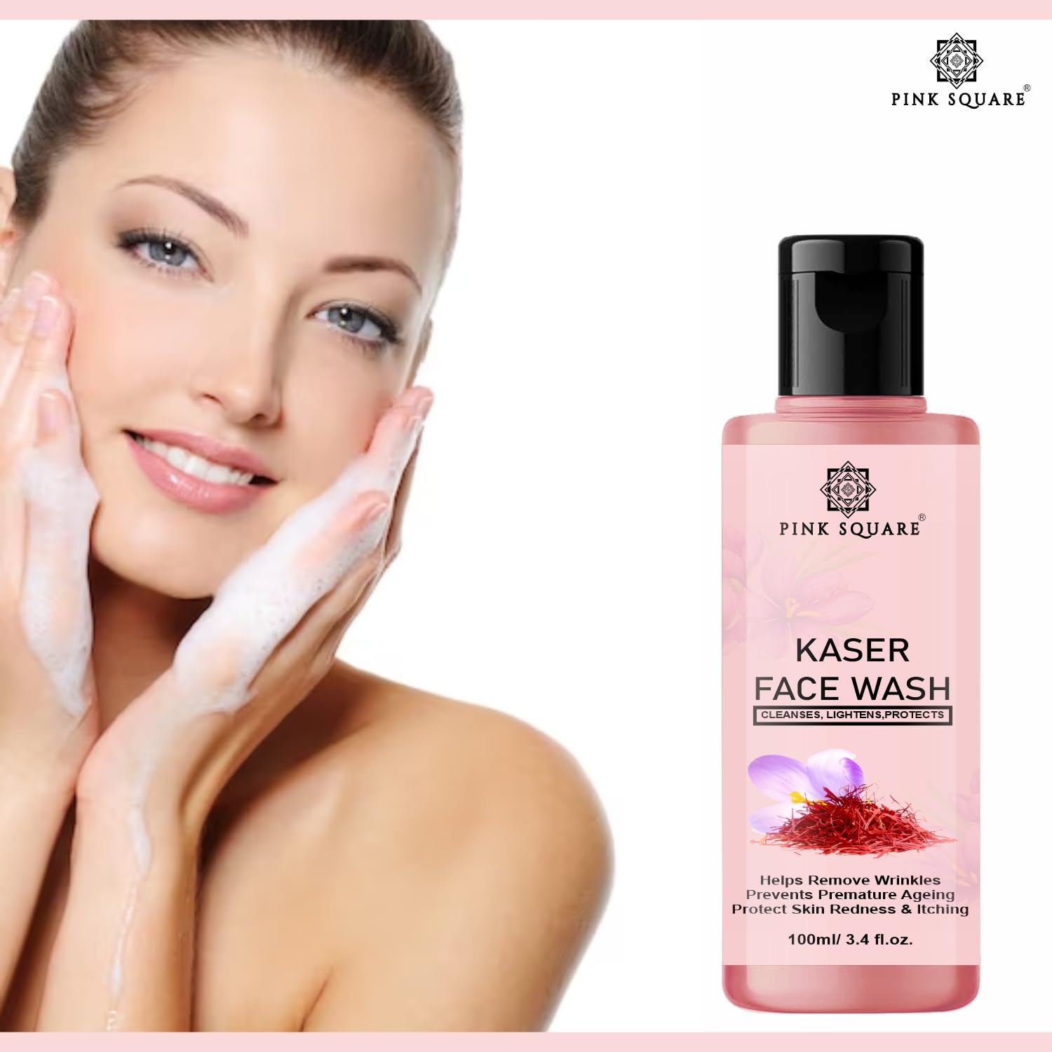 Pink Square Gold Kesar Face Wash with Golden Essence & Saffron Extract - Brightening & Illuminating Facial Cleanser | Silicone-Free, Paraben-Free, No Toxic Chemicals | 100ml | Perfect for Morning & Night Skincare Routine