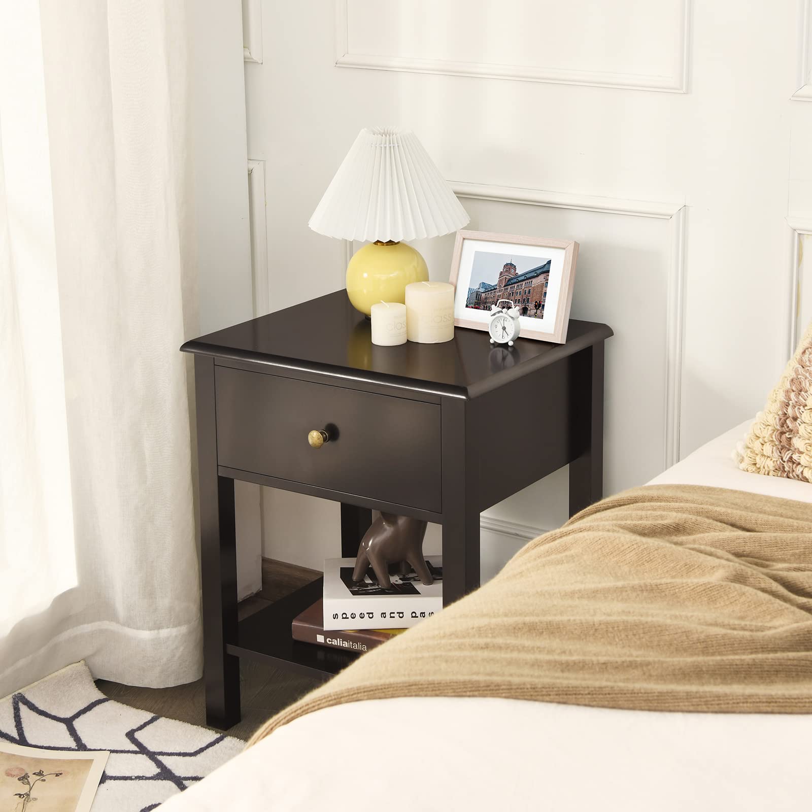 Julimoon Rustic Brown Nightstand with Drawer and Open Shelf - Modern Wood End Table for Bedroom, Living Room, or Sofa Bed - Perfect for Small Spaces, Apartment Decor & Farmhouse Style Homes