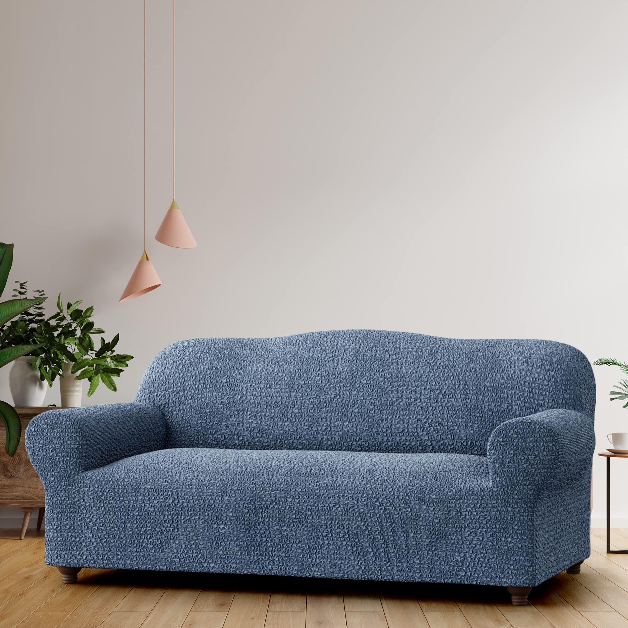 Stretch Sofa Slipcover - Washable Couch Cover with Soft Polyester Fabric - 1-Piece Form Fit Protector for Pets (Mille Righe Collection, Blue) - Perfect for Living Room, Family Room & Pet-Friendly Homes