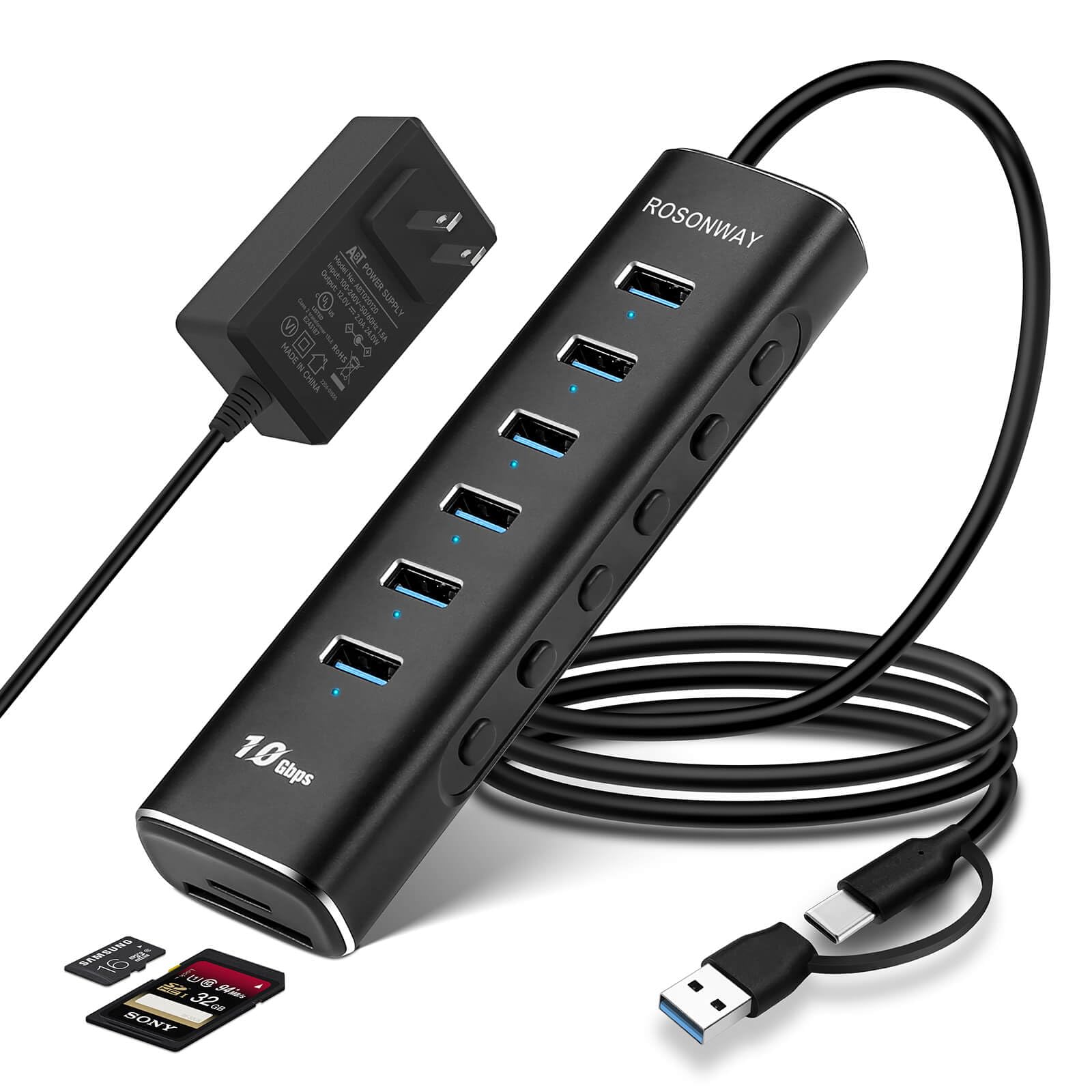 Rosonway 8-Port USB 3.2 Hub with USB-C | 10Gbps High-Speed Data Transfer | SD/TF Card Reader | 3.3ft Cable & 12V/2A Power Adapter | Aluminum USB Expander for Laptop, PC, MacBook | Perfect for Home Office, Gaming & Multi-Device Charging RSH-A107D