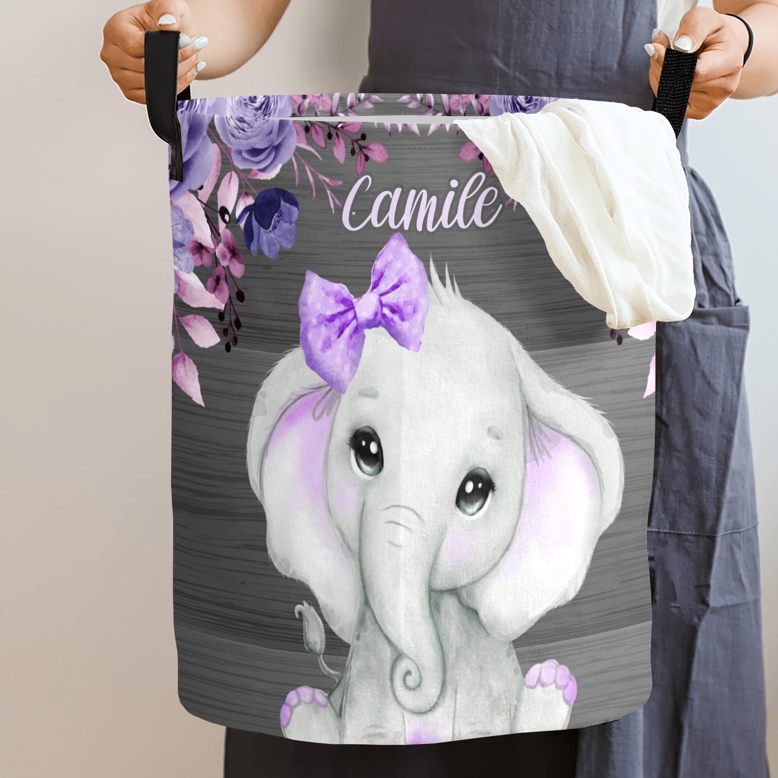 Personalized Purple Cute Elephant Laundry Basket - Waterproof Foldable Clothes Hamper with Handle for Kids Room, Nursery & Toy Storage | Perfect for Baby Clothes, Toys & Home Organization